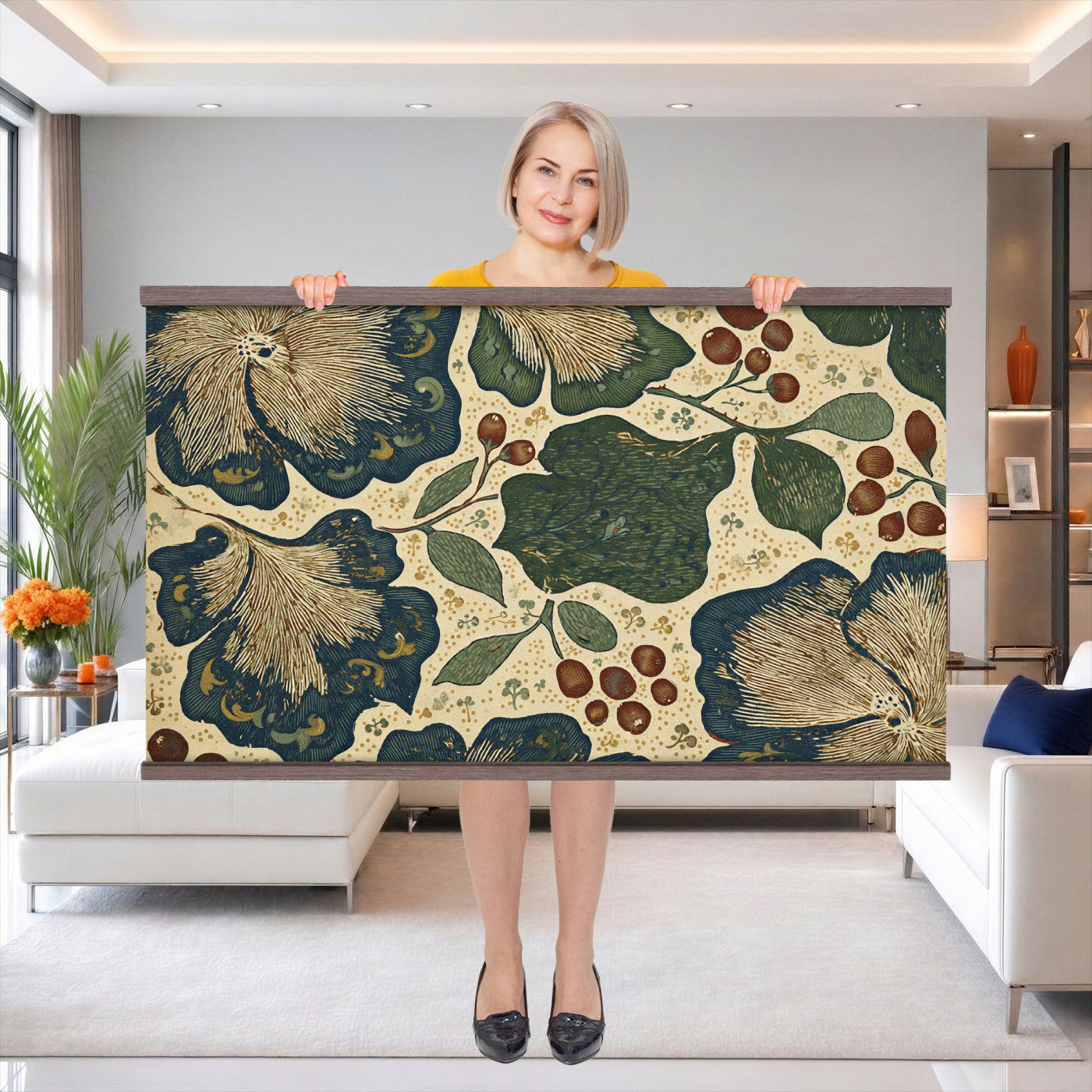 92325062-MGV-TP-30X20 - Art Nouveau pattern design tapestry wall hanging of "Sage Botanical Pattern" by William Morris, showing sage green stems, open flowers and layered foliage repeating in a balanced botanical weave in sage and olive green with soft cream botanical linework. Extra large wall art, made in the USA.