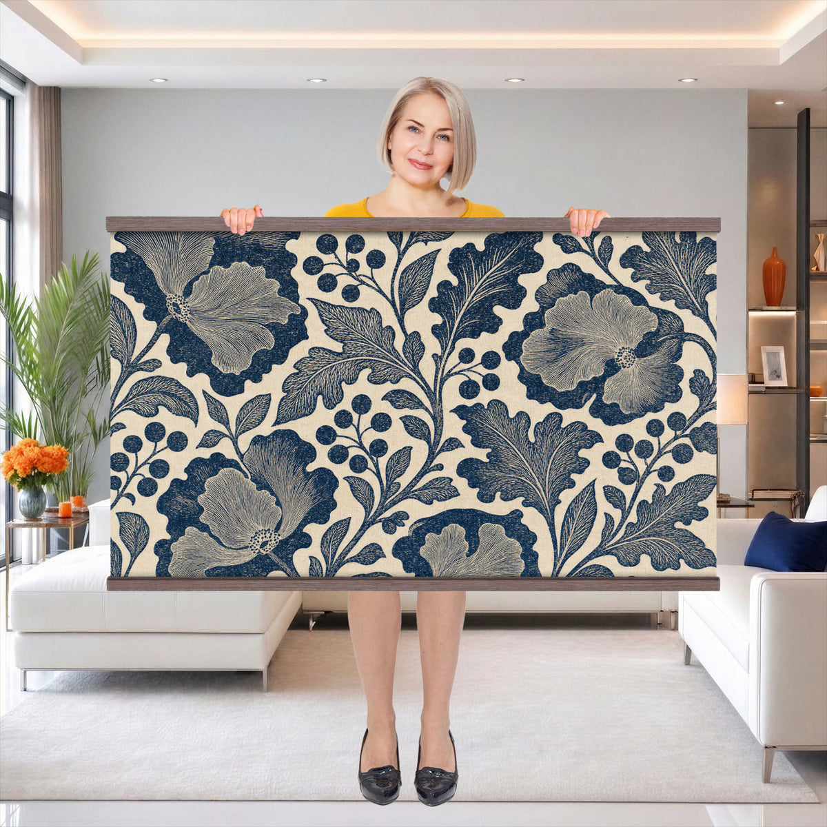 97130377-MGV-TP-30X20 - Art Nouveau pattern design tapestry wall hanging of "Indigo Botanical Pattern" by William Morris, showing trailing indigo stems, open blossoms and curling leaves repeating across the full width in deep indigo and cobalt blue with soft cream linework. Extra large wall art, made in the USA.
