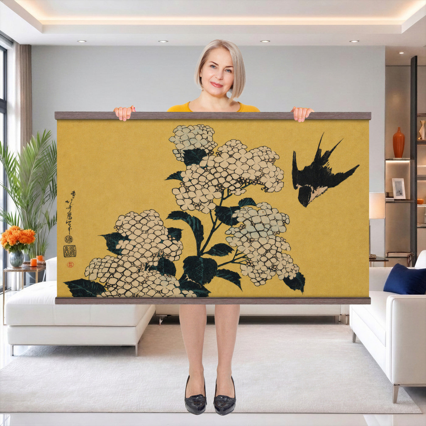 24787197-MGV-TP-30X20 - Ukiyo-e woodblock print tapestry wall hanging of "Hydrangea and Swallow" by Katsushika Hokusai, showing a swallow in flight above a full hydrangea head, drawn with the precise line of Japanese woodblock in soft blue hydrangea blooms with warm gold ground. Extra large wall art, made in the USA.