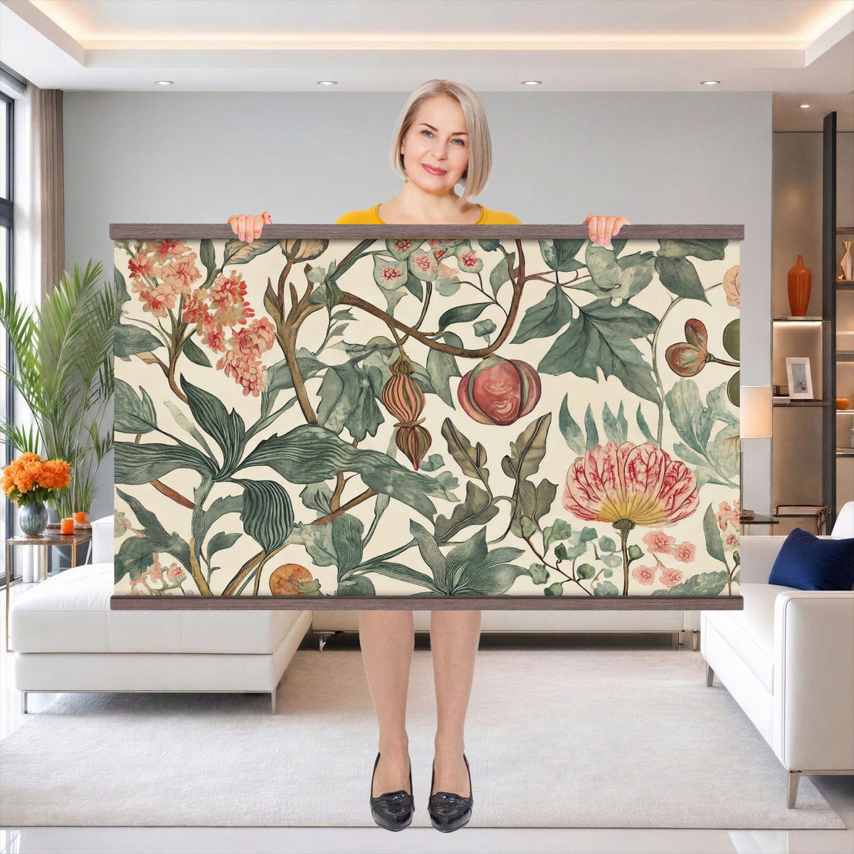 67322868-MGV-TP-30X20 - Art Nouveau pattern design tapestry wall hanging of "Pomegranate Botanical Pattern" by William Morris, showing a repeating weave of pomegranates, open blossoms and curling acanthus leaves in perfect balance in warm ruby fruit and deep green foliage on a cream ground. Extra large wall art, made in the USA.