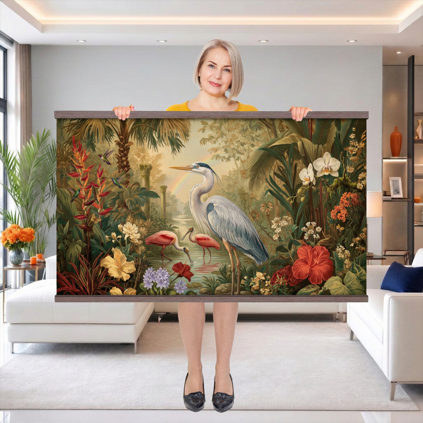 20081183-MGV-TP-30X20 - Botanical botanical illustration tapestry wall hanging of "Great Blue Heron in the Jungle", showing a great blue heron standing among hibiscus blooms, palm fronds and dense tropical foliage in deep jungle greens with red hibiscus and soft blue heron plumage. Extra large wall art, made in the USA.