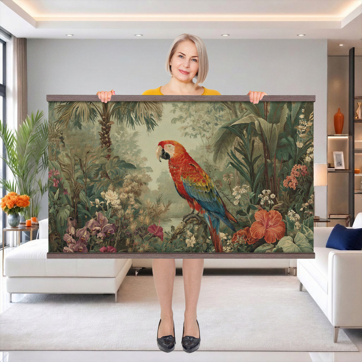 75232040-MGV-TP-30X20 - Botanical botanical illustration tapestry wall hanging of "Scarlet Macaw in the Jungle", showing a scarlet macaw perched among hibiscus flowers, palm leaves and thick rainforest growth in bright scarlet and gold plumage against deep jungle green. Extra large wall art, made in the USA.