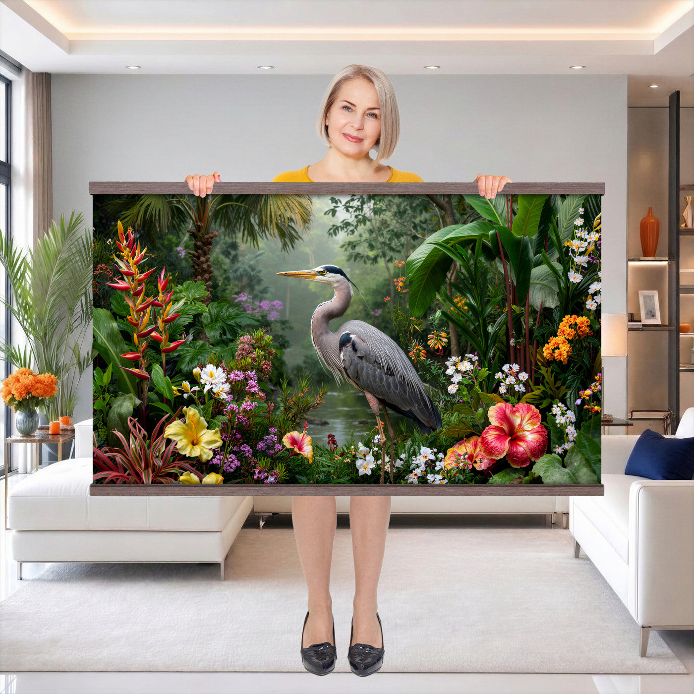 82504330-MGV-TP-30X20 - Botanical botanical illustration tapestry wall hanging of "Great Blue Heron in the Jungle", showing a great blue heron standing among hibiscus blooms, palm fronds and dense tropical foliage in deep jungle greens with red hibiscus and soft blue heron plumage. Extra large wall art, made in the USA.