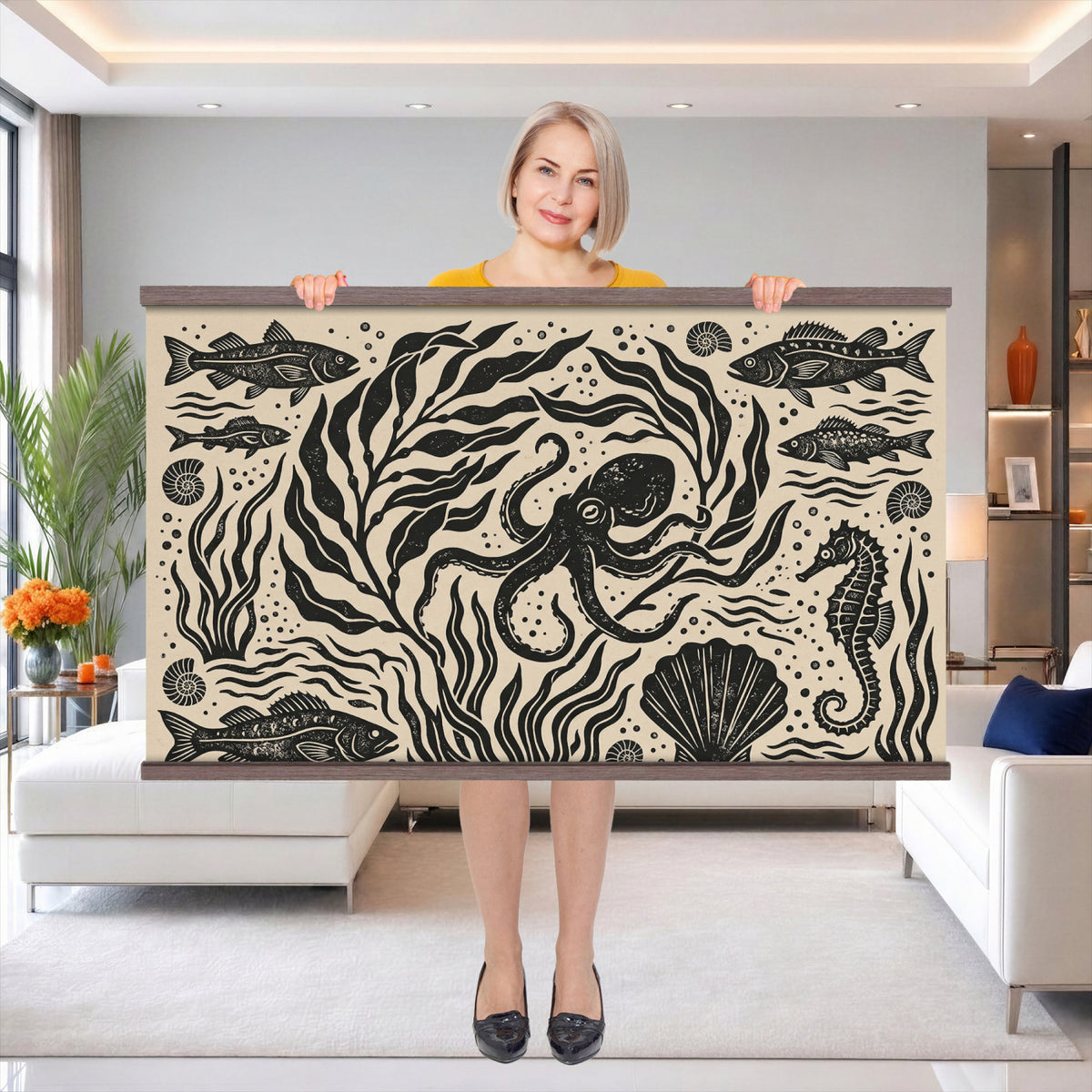 75988079-MGV-TP-30X20 - Folk Art linocut print tapestry wall hanging of "Ocean Life Panel", showing an octopus, seahorses, shells and curling waves cut into bold black and white folk art shapes in bold black linocut shapes on a cream ground. Extra large wall art, made in the USA.