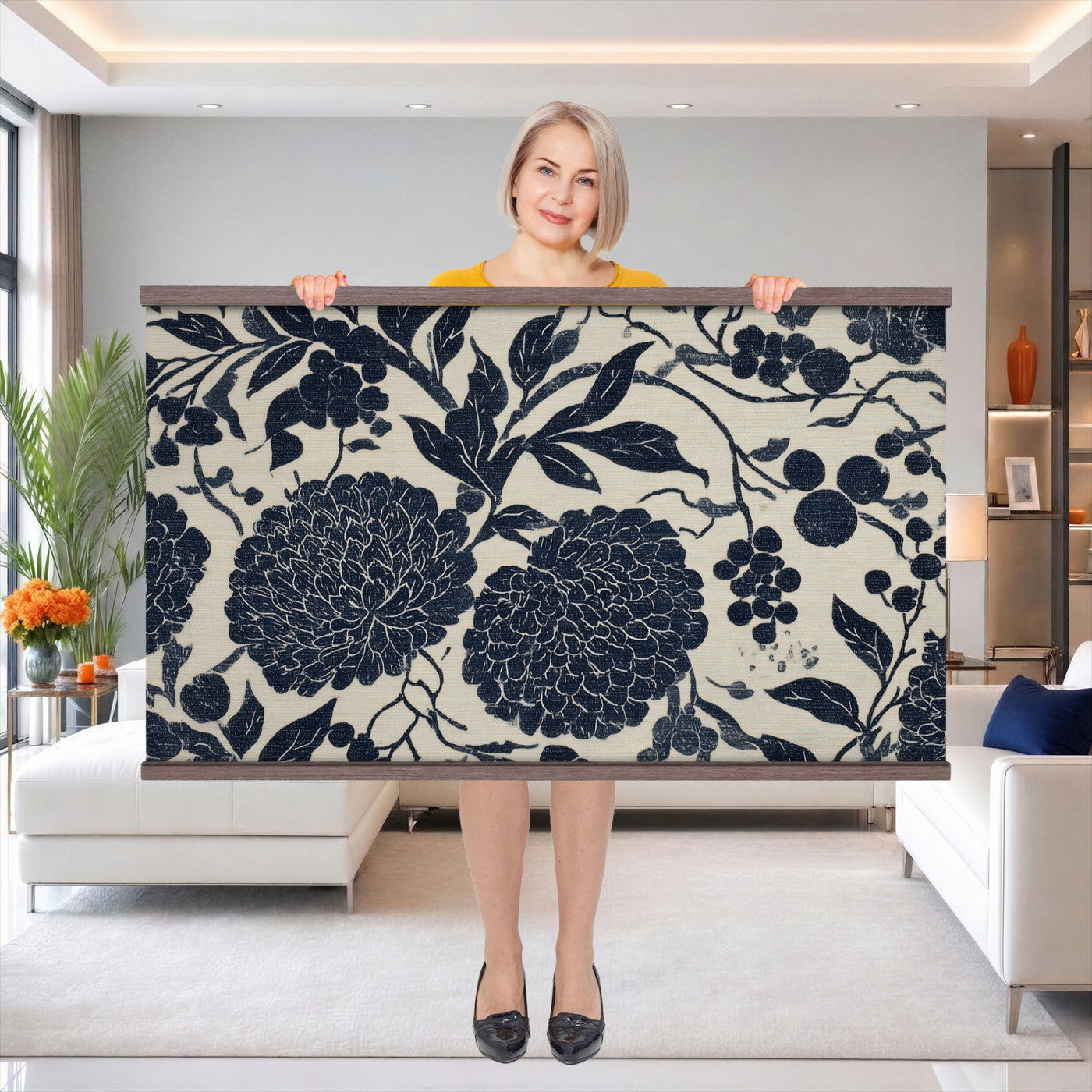 42507419-MGV-TP-30X20 - Chinoiserie ink block print tapestry wall hanging of "Chinoiserie Peony and Chrysanthemum Panel", showing peonies and chrysanthemums layered across a soft grey field, drawn in muted black line in black and soft grey linework on a warm neutral ground. Extra large wall art, made in the USA.