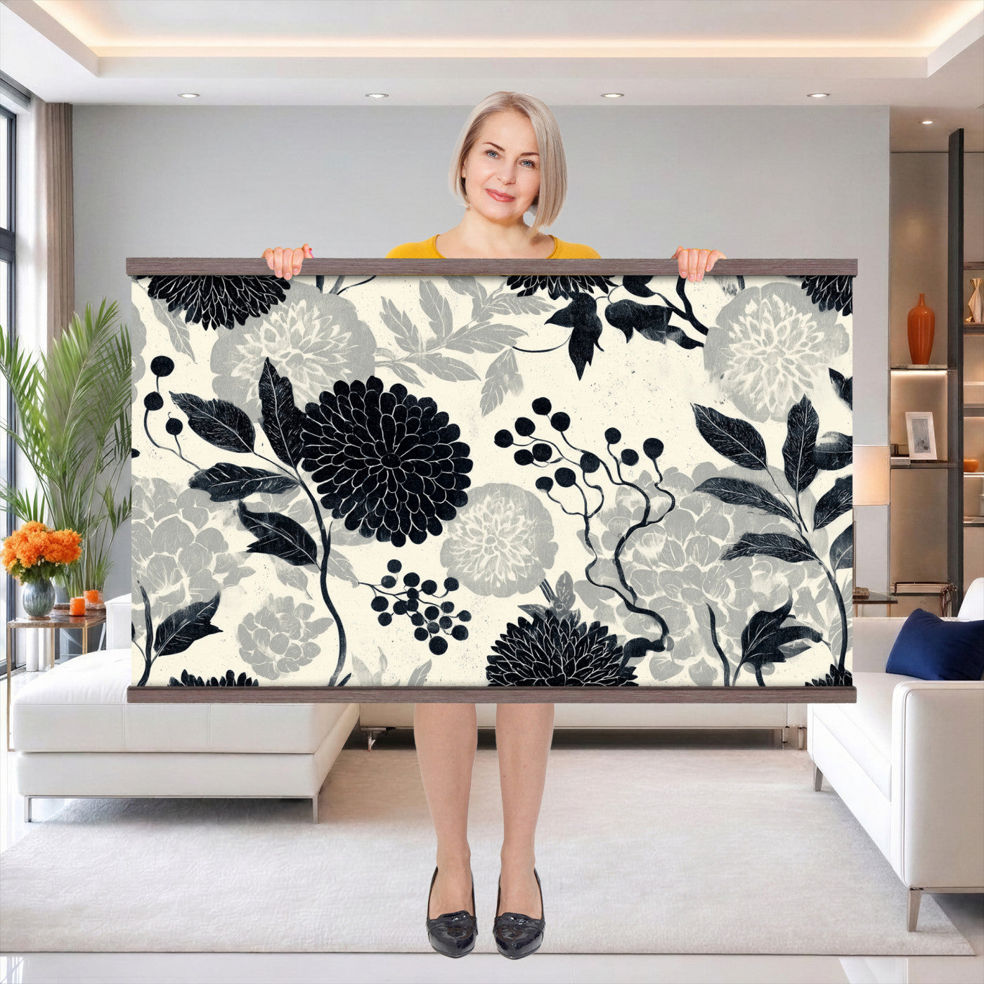 27269625-MGV-TP-30X20 - Chinoiserie ink block print tapestry wall hanging of "Chinoiserie Peony and Chrysanthemum Panel", showing peonies and chrysanthemums layered across a soft grey field, drawn in muted black line in black and soft grey linework on a warm neutral ground. Extra large wall art, made in the USA.