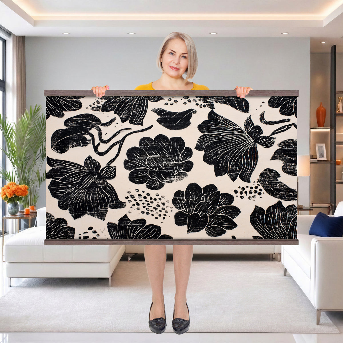91793867-MGV-TP-30X20 - Chinoiserie ink block print tapestry wall hanging of "Chinoiserie Lotus Panel", showing open lotus flowers and broad water lily pads rising on tall stems, cut in bold black and white in deep black lotus linework on a soft white ground. Extra large wall art, made in the USA.