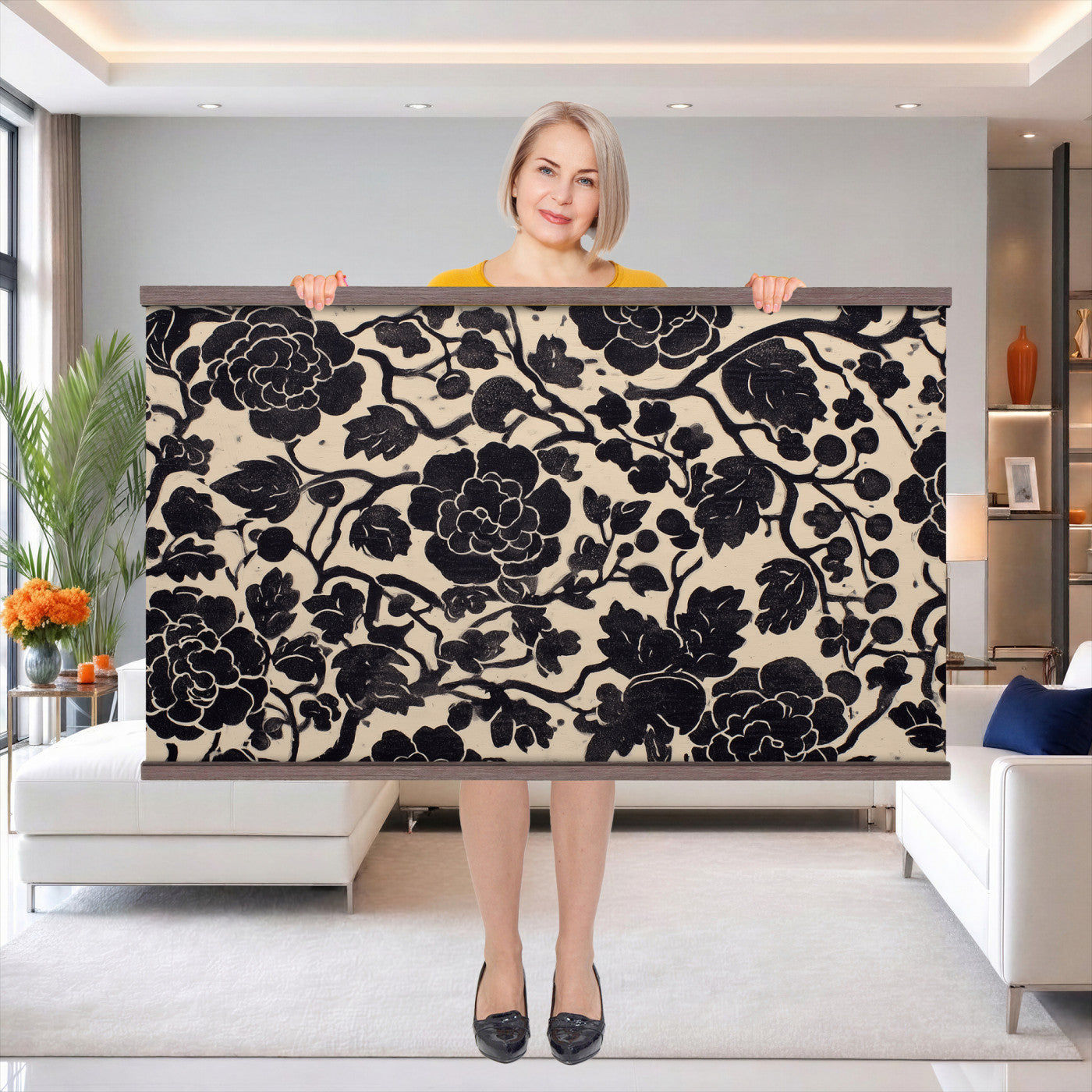 18660803-MGV-TP-30X20 - Chinoiserie ink block print tapestry wall hanging of "Chinoiserie Peony Panel", showing full peony blooms, curling stems and layered leaf work drawn in fine black line on a pale ground in deep black linework on a soft white ground. Extra large wall art, made in the USA.