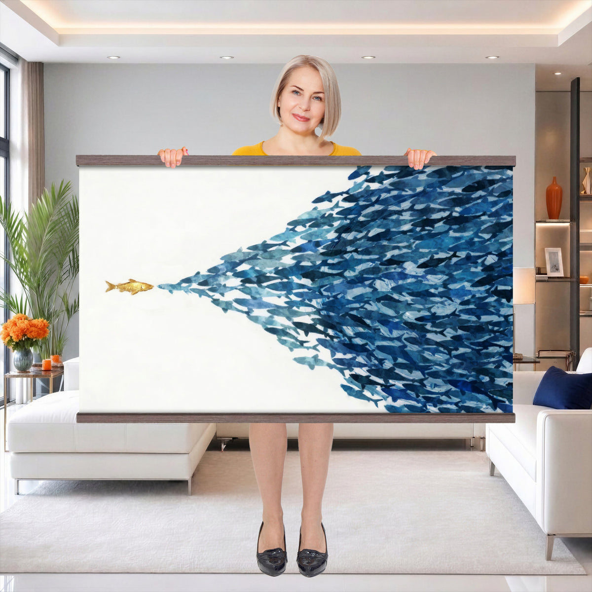79089639TT-MGV-TP-30X20 - Abstract Blue Fish School Canvas Wall Art, Gold Foil Accent Marine Print