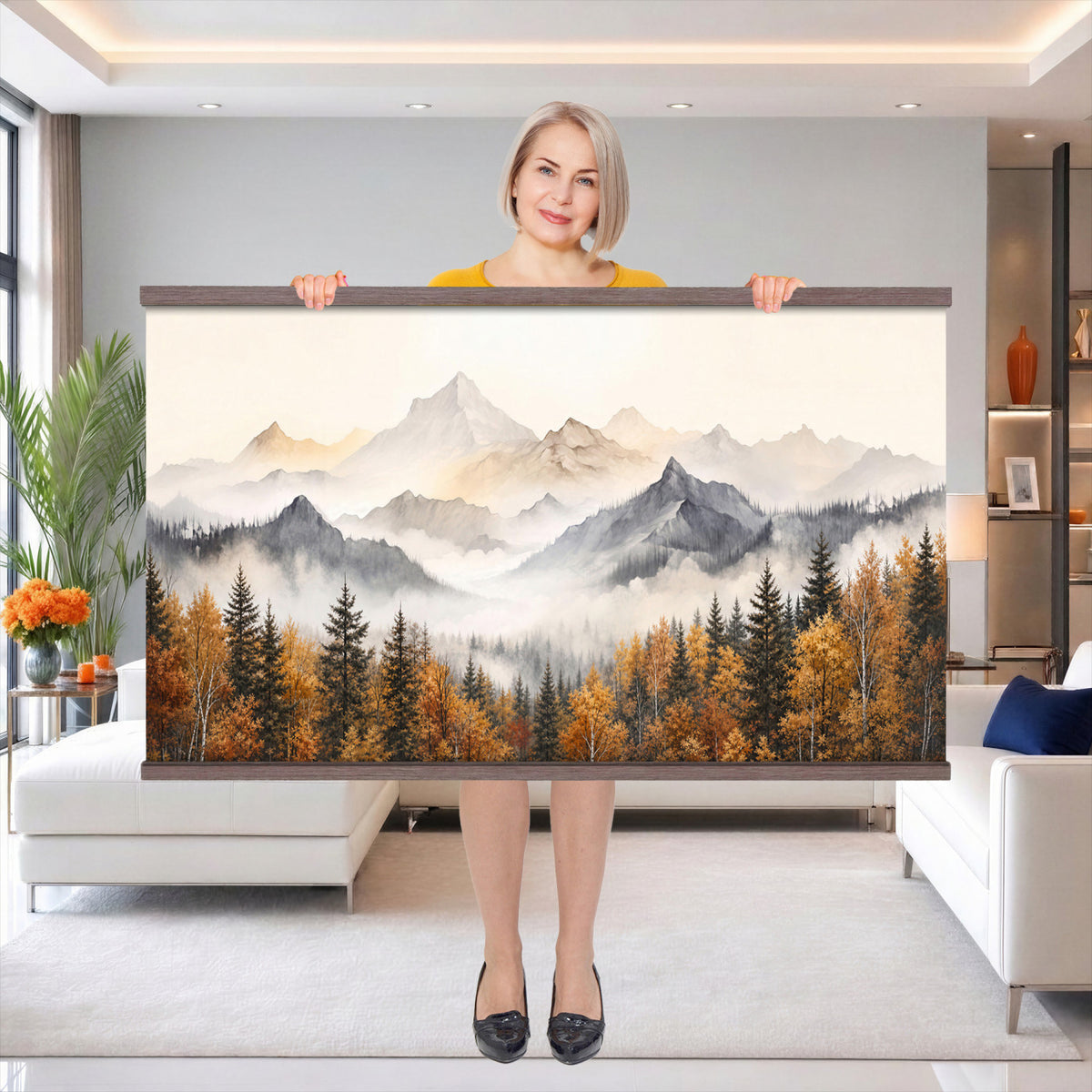 19544118-MGV-TP-30X20 - Misty Mountain Autumn Forest Canvas Wall Art - Watercolor Fall Nature Landscape Print