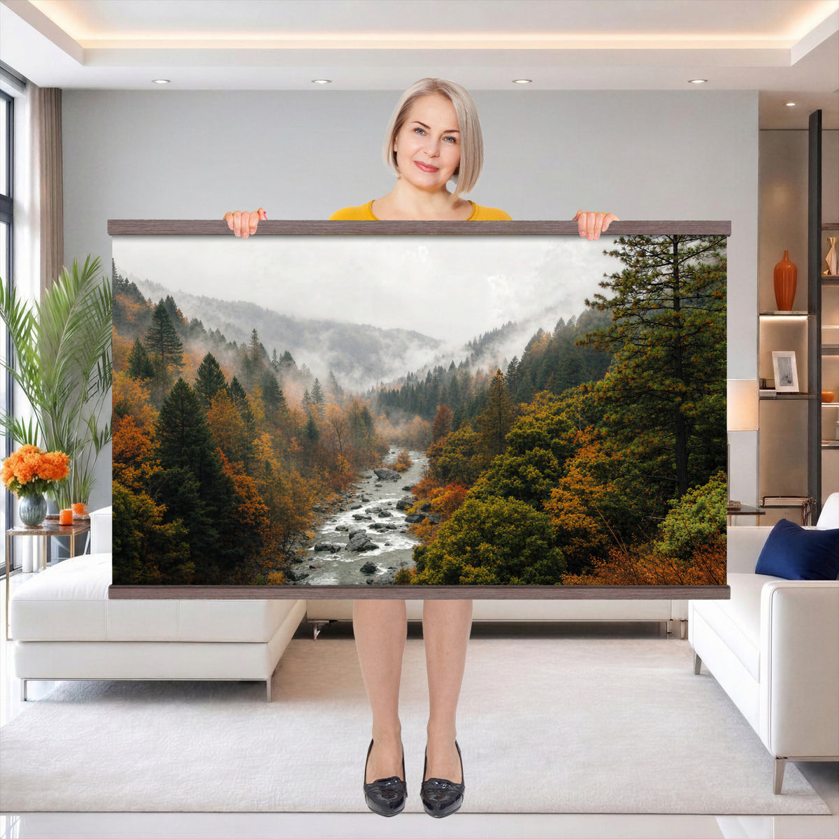 95540697-MGV-TP-30X20 - Misty River Mountain Valley Canvas Wall Art - Autumn Forest Landscape Nature Print