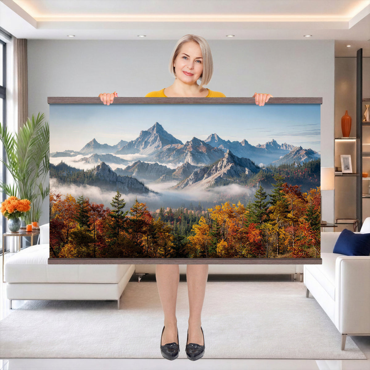 38847944-MGV-TP-30X20 - Majestic Mountain Peak Canvas Wall Art - Panoramic Autumn Forest Fog Landscape Print