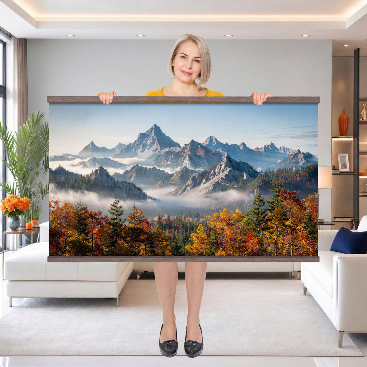 38847944-MGV-TP-30X20 - Majestic Mountain Peak Canvas Wall Art - Panoramic Autumn Forest Fog Landscape Print