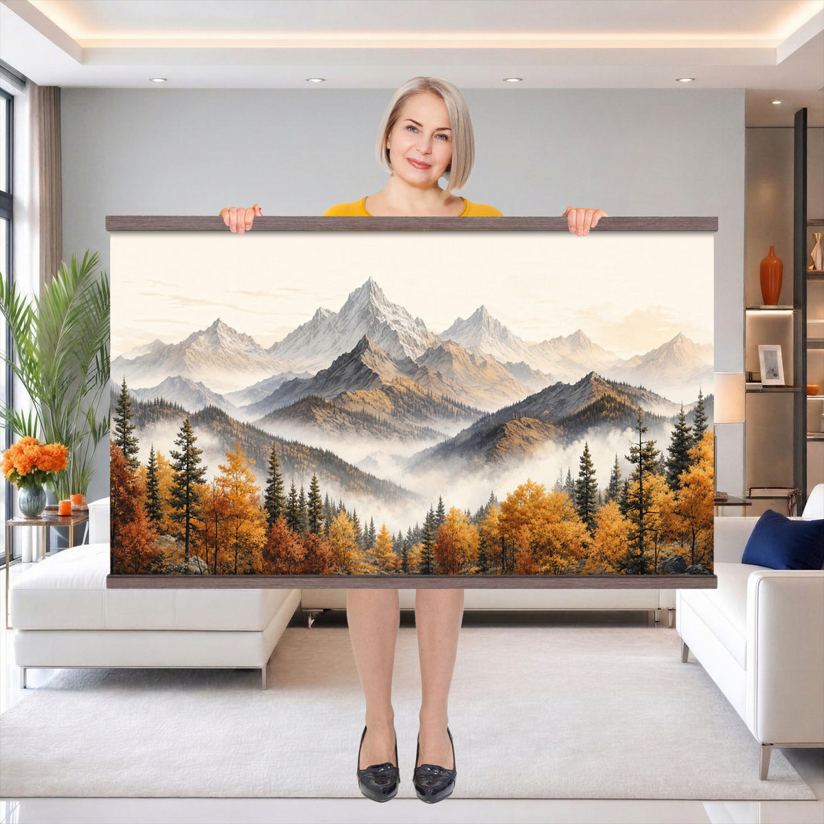 21309099-MGV-TP-30X20 - Extra Large Misty Mountain Autumn Forest Canvas Wall Art - Watercolor Fall Nature Landscape Print