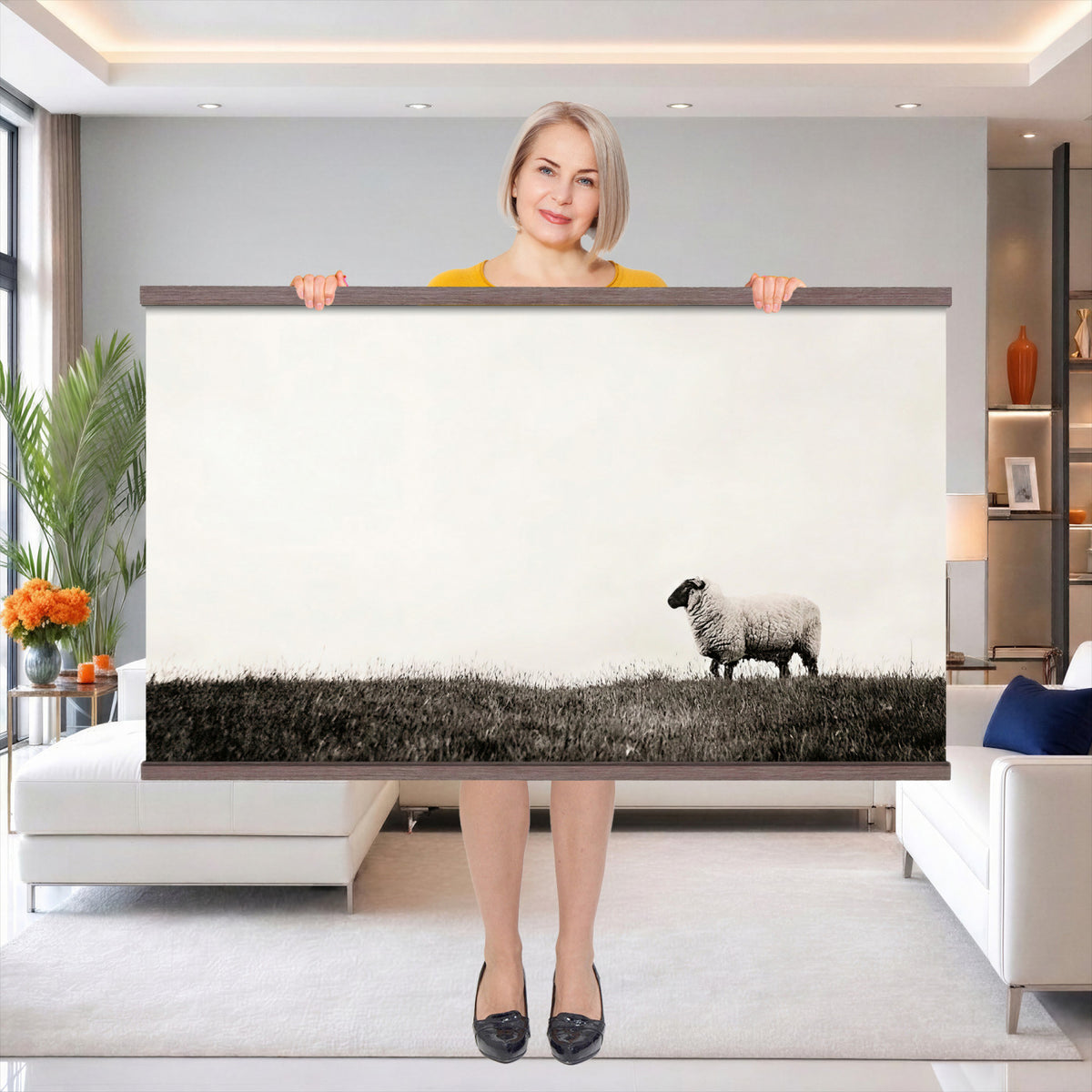 72749448-MGV-TP-30X20 - Minimalist Sepia Sheep Canvas Wall Art - Rustic Farmhouse Country Landscape Print