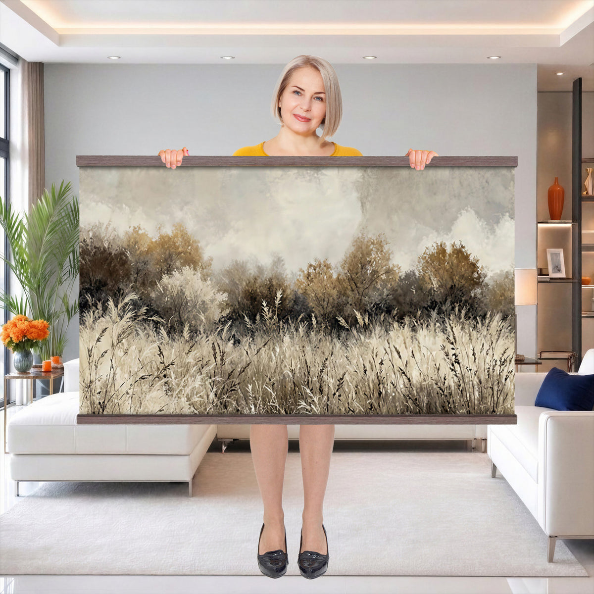 53959945-MGV-TP-30X20 - Muted Neutral Forest Landscape Canvas Wall Art - Vintage Rustic Wildflower Meadow Print