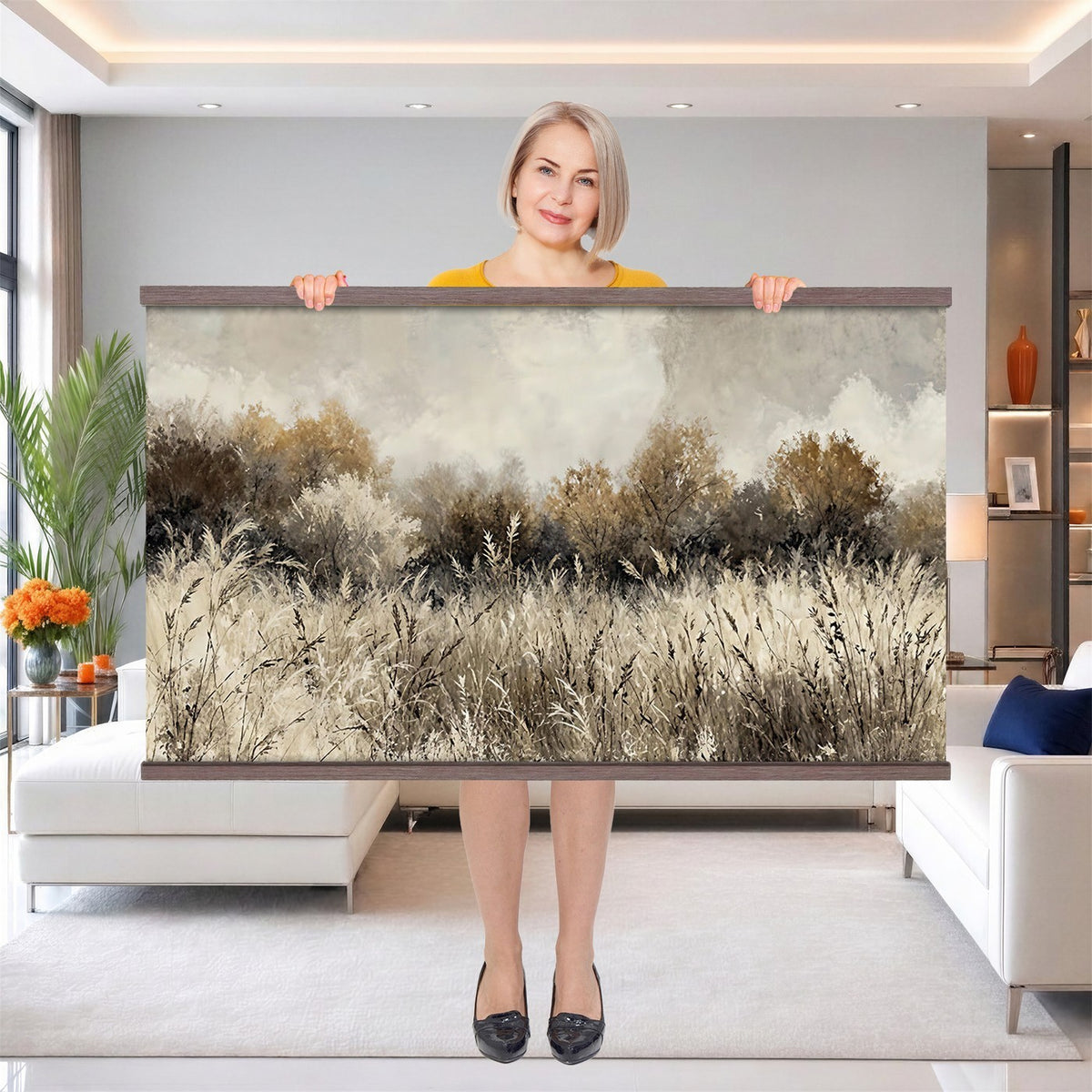 53959945-_Poster-30x20 - Muted Neutral Forest Landscape Canvas Wall Art - Vintage Rustic Wildflower Meadow Print