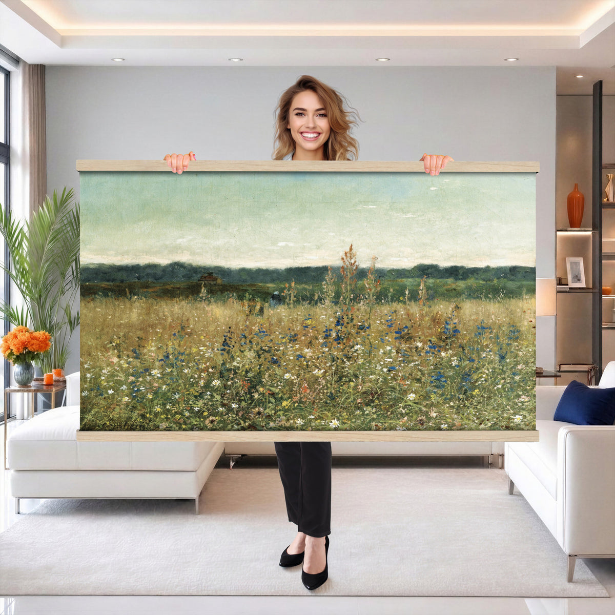 78325586-MGV-TP-30X20 - Realism oil painting tapestry wall hanging of "Champ fleuri" by Antoine Chintreuil, showing a wide flowering field running toward a low horizon, with soft scattered blooms and a pale open sky in soft white and green field tones under a pale luminous sky. Extra large wall art, made in the USA.