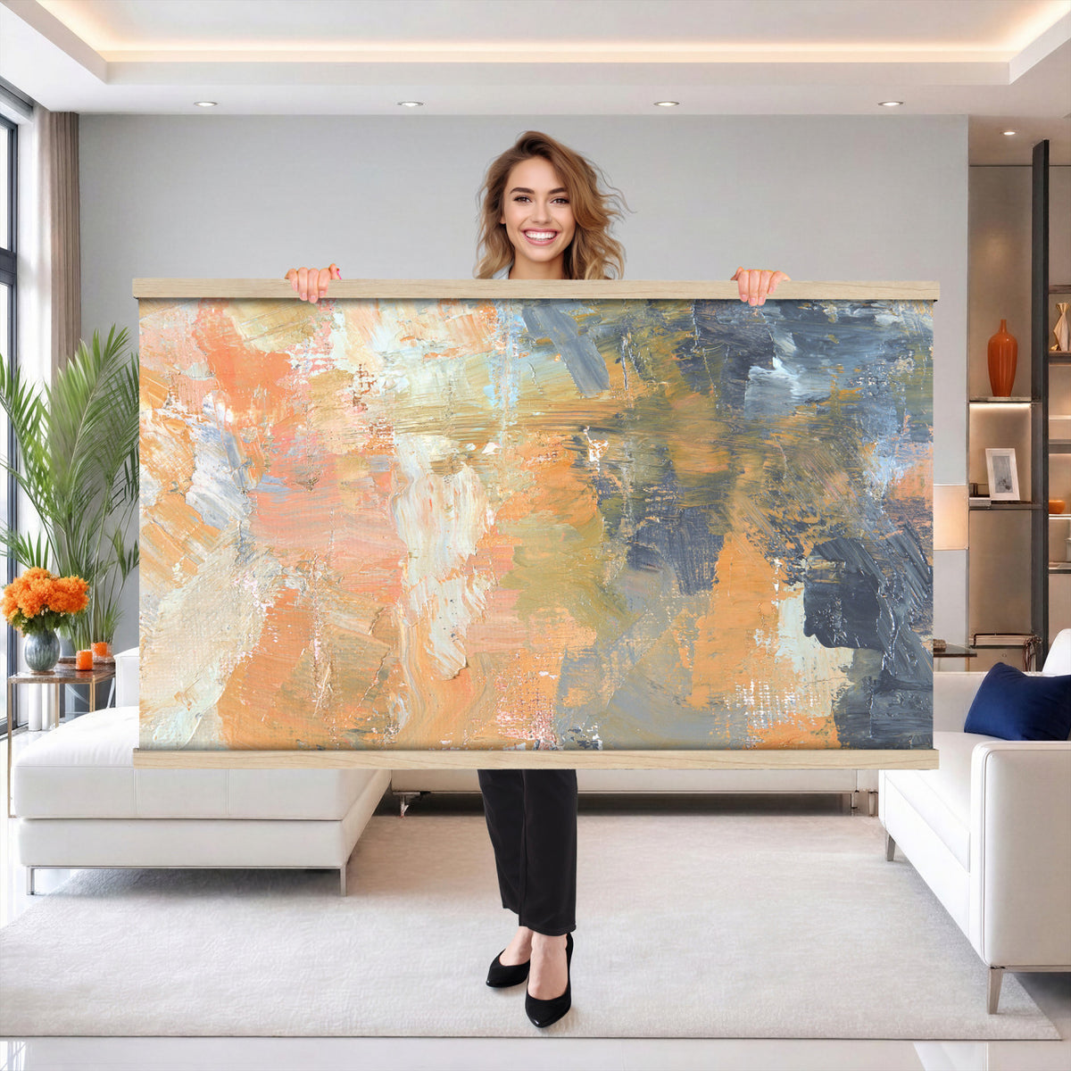 92754702-MGV-TP-30X20 - Cubism abstract oil painting tapestry wall hanging of "Abstract Landscape" by Nicolas de Stael, showing thick blocks of peach, grey, and cream laid side by side into a landscape that reads as pure shape and color in soft peach, warm grey, and cream color blocks. Extra large wall art, made in the USA.