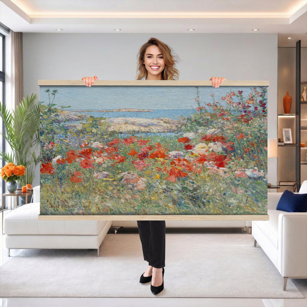 16720314-MGV-TP-30X20 - Impressionism oil painting tapestry wall hanging of "Celia Thaxter's Garden, Isles of Shoals" by Childe Hassam, showing a cliffside garden bursting with red poppies above a bright blue sea and rocky island shore in vivid red poppies against deep blue sea and green garden foliage. Extra large wall art, made in the USA.