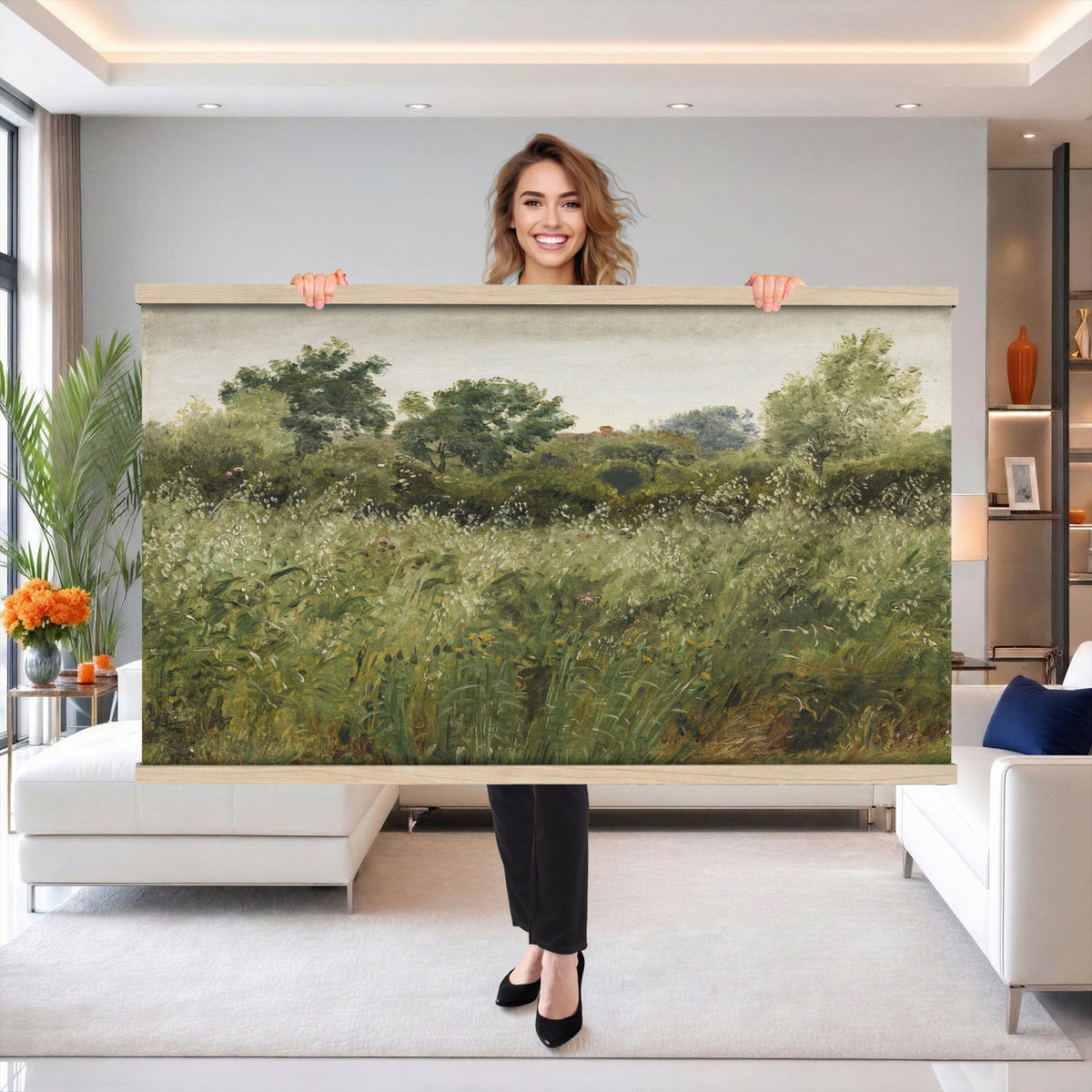 65790269-MGV-TP-30X20 - Realism oil painting tapestry wall hanging of "Field of Oats near Vejby" by Dankvart Dreyer, showing a ripe oat field bending in the breeze, with low farm buildings and a wide soft Danish sky beyond in warm golden oat tones with soft green edges under a pale wide sky. Extra large wall art, made in the USA.