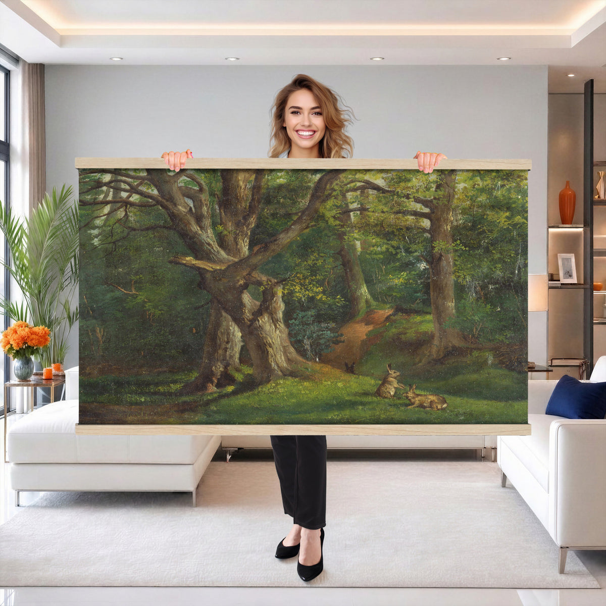 86376524-MGV-TP-30X20 - Barbizon oil painting tapestry wall hanging of "By the Brook" by Xavier De Cock, showing a shaded brook winding through dense woodland, with a small hidden figure resting among the trees in dark layered forest greens with warm brown earth and pale water light. Extra large wall art, made in the USA.