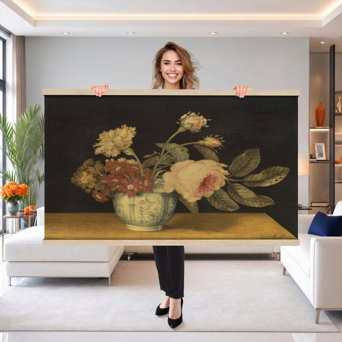 41160341-MGV-TP-30X20 - Impressionism oil painting tapestry wall hanging of "Golden Roses" by Olga Boznanska, showing a loose bunch of golden yellow roses in a glass vase, painted with soft dissolving edges against a warm ground in warm golden-yellow rose petals against a soft muted brown background. Extra large wall art, made in the USA.