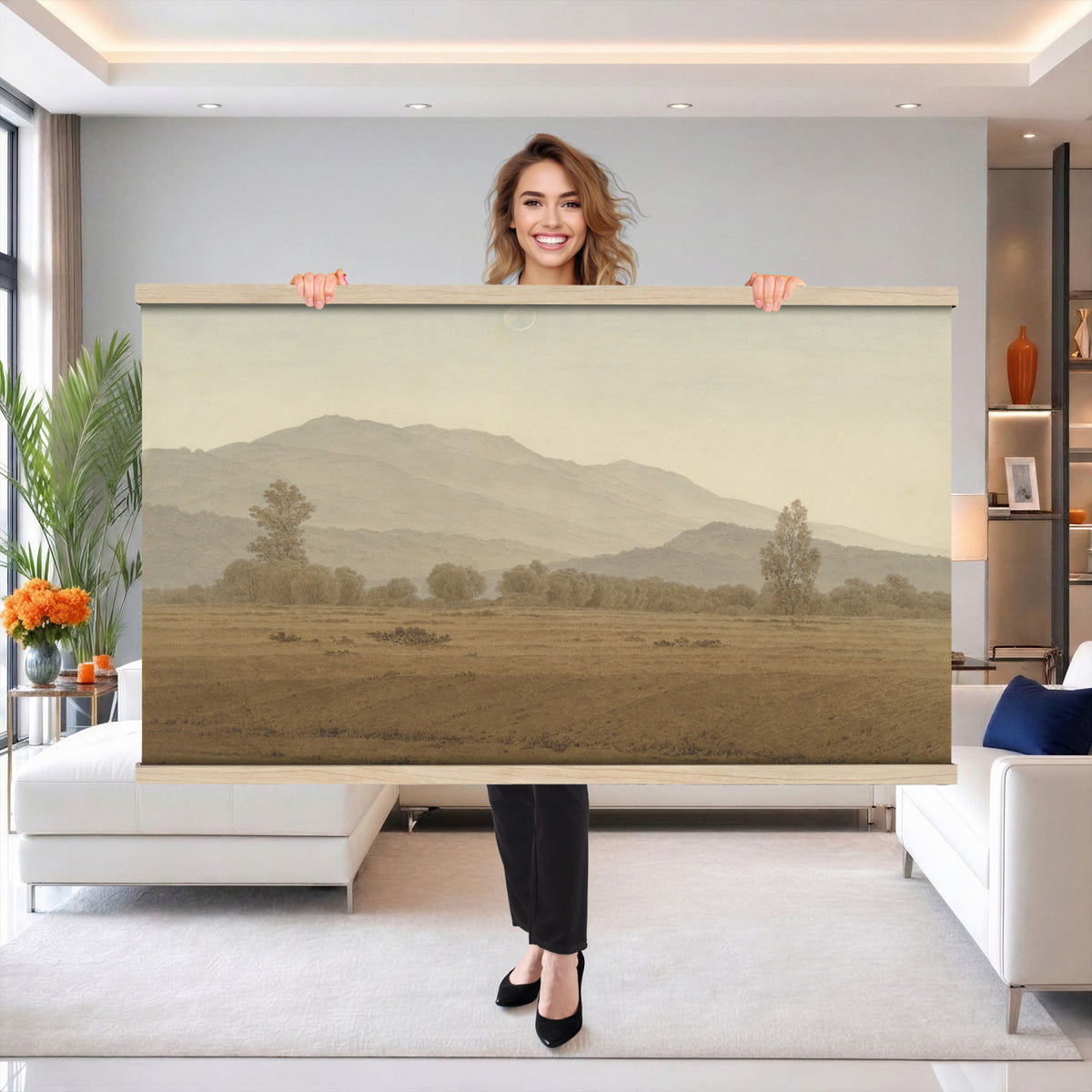 65089395-MGV-TP-30X20 - Realism oil study tapestry wall hanging of "Landscape Study at Grez-sur-Loing" by Frans Van Leemputten, showing an open field study at Grez-sur-Loing, with loose brushwork across low crops, hedgerows, and a soft French sky in soft field greens and warm earth tones under a pale washed sky. Extra large wall art, made in the USA.