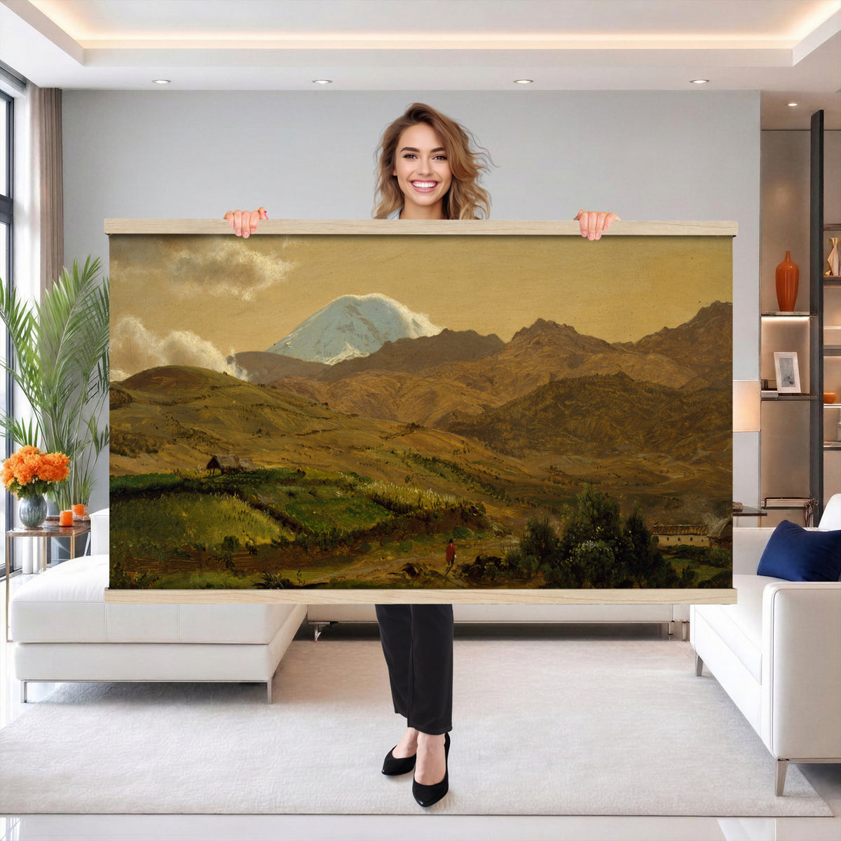 35940800-MGV-TP-30X20 - Realism oil study tapestry wall hanging of "Road across the Hills, Study" by Dankvart Dreyer, showing a bare country road climbing across open hills, with low scrub, worn ruts, and a wide Danish sky above in warm sandy road tones and dry hill greens under a pale wide sky. Extra large wall art, made in the USA.
