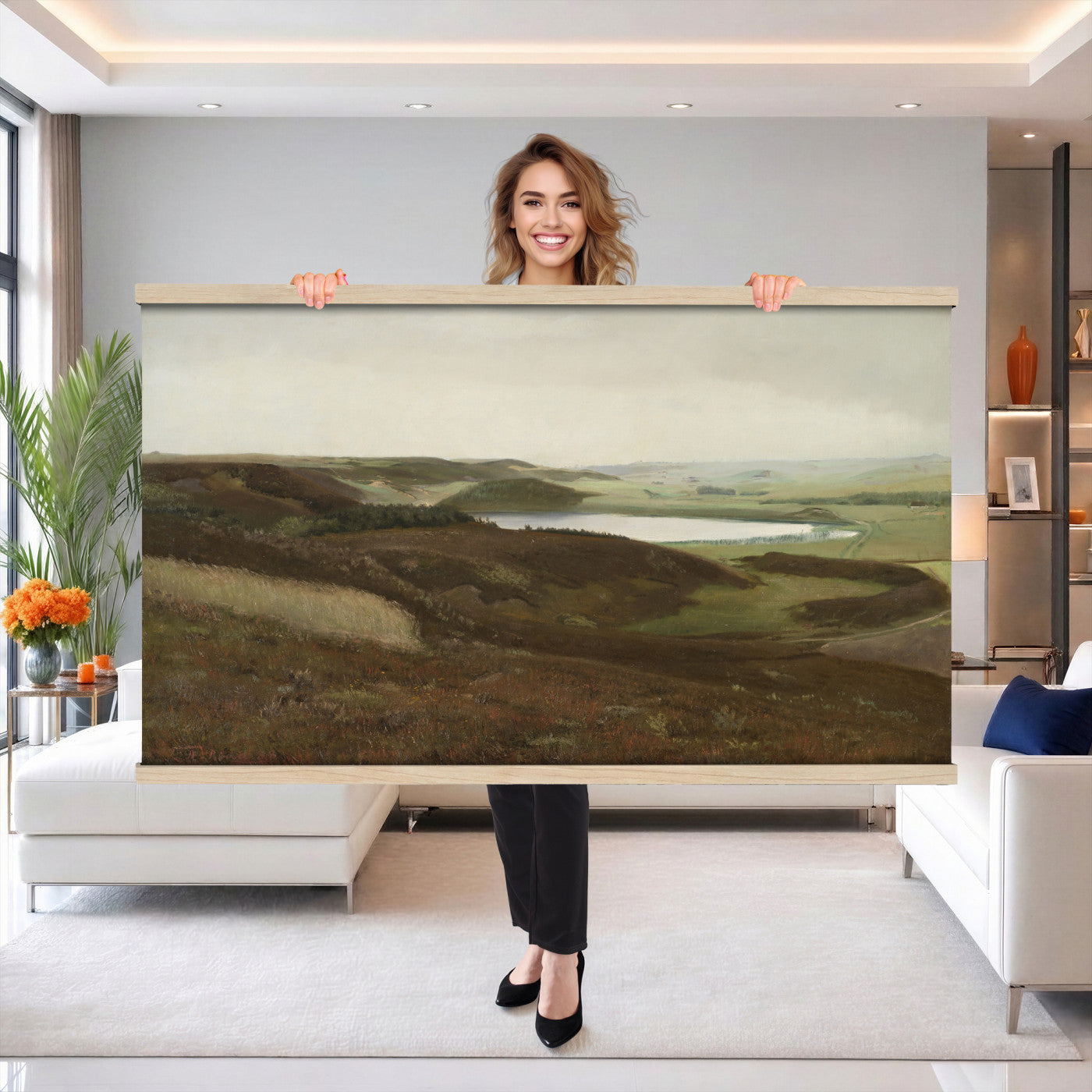 13706816-MGV-TP-30X20 - Expressionism oil painting tapestry wall hanging of "Dunes" by James Ensor, showing a steep dune ridge cutting across the canvas, with wind-bent grasses and a heavy sky pressing down behind it in muted sand and olive dune tones under a dark weighted sky. Extra large wall art, made in the USA.