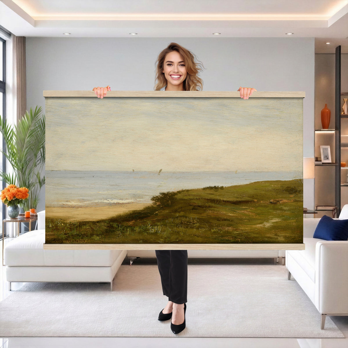 33440930-MGV-TP-30X20 - Impressionism oil painting tapestry wall hanging of "Beach Dunes" by Max Clarenbach, showing low rolling sand dunes topped with pale beach grass, opening toward a quiet sea under a wide soft sky in pale sand tones and dune grass under a wide soft blue-grey sky. Extra large wall art, made in the USA.