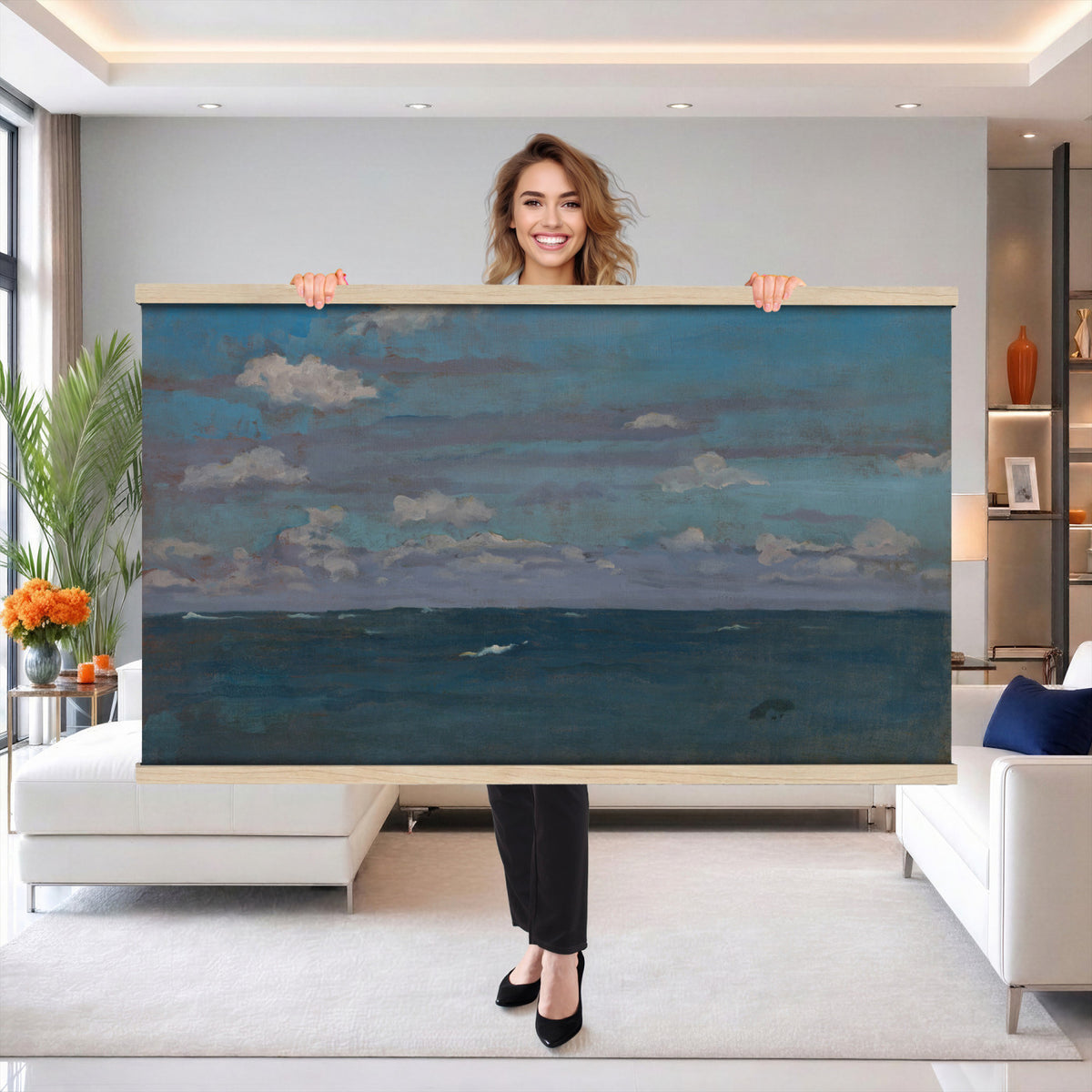 31189911-MGV-TP-30X20 - Art Nouveau pastel study tapestry wall hanging of "The Immensity" by Antoni Fabres, showing a wide empty shoreline meeting a soft pastel sky, with slow drifting clouds and a barely visible horizon line in pale pink, cream, and soft blue cloud tones over a quiet shore. Extra large wall art, made in the USA.