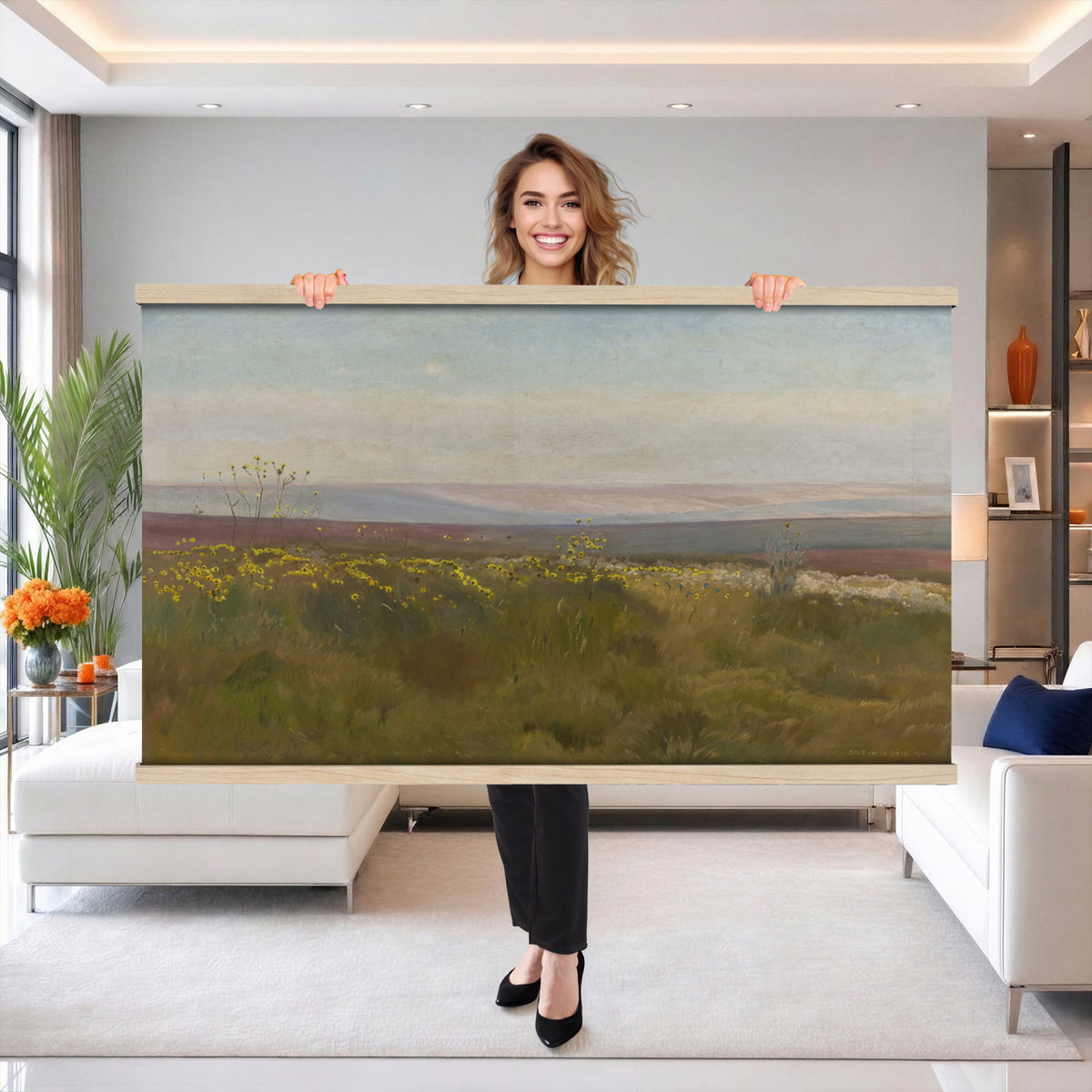 73672581-MGV-TP-30X20 - Realism oil painting tapestry wall hanging of "Landscape from Podolia" by Jozef Chelmonski, showing a wide Podolian meadow filled with yellow wildflowers, tall summer grasses, and a low horizon under an open sky in yellow wildflowers across warm green grass under a pale wide sky. Extra large wall art, made in the USA.