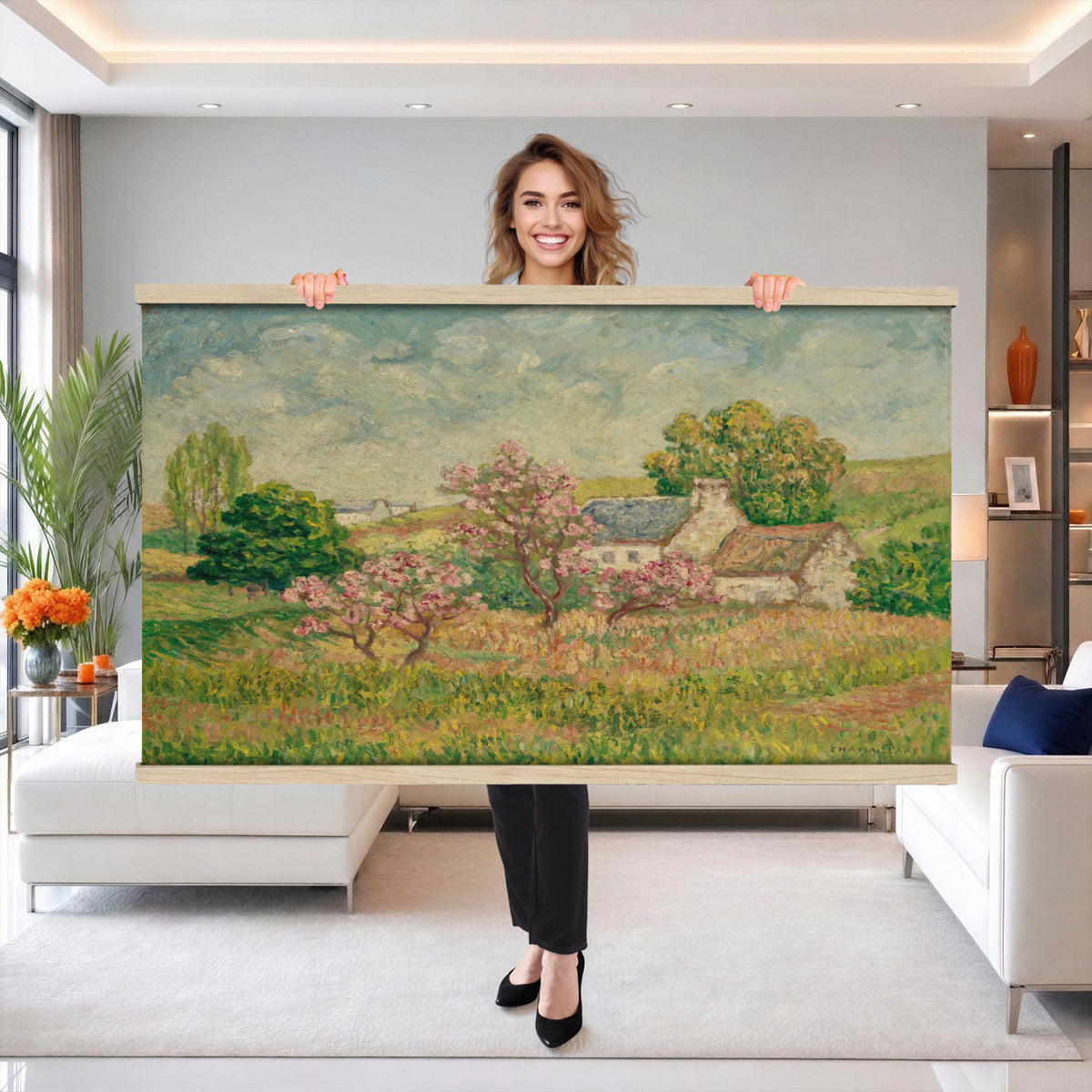 67494912-MGV-TP-30X20 - Post Impressionism oil painting tapestry wall hanging of "Spring" by Ernest de Chamaillard, showing a stone Breton cottage behind a blossoming tree in full pink bloom, with a bright spring garden around it in soft pink blossoms against grey stone walls and new spring green. Extra large wall art, made in the USA.