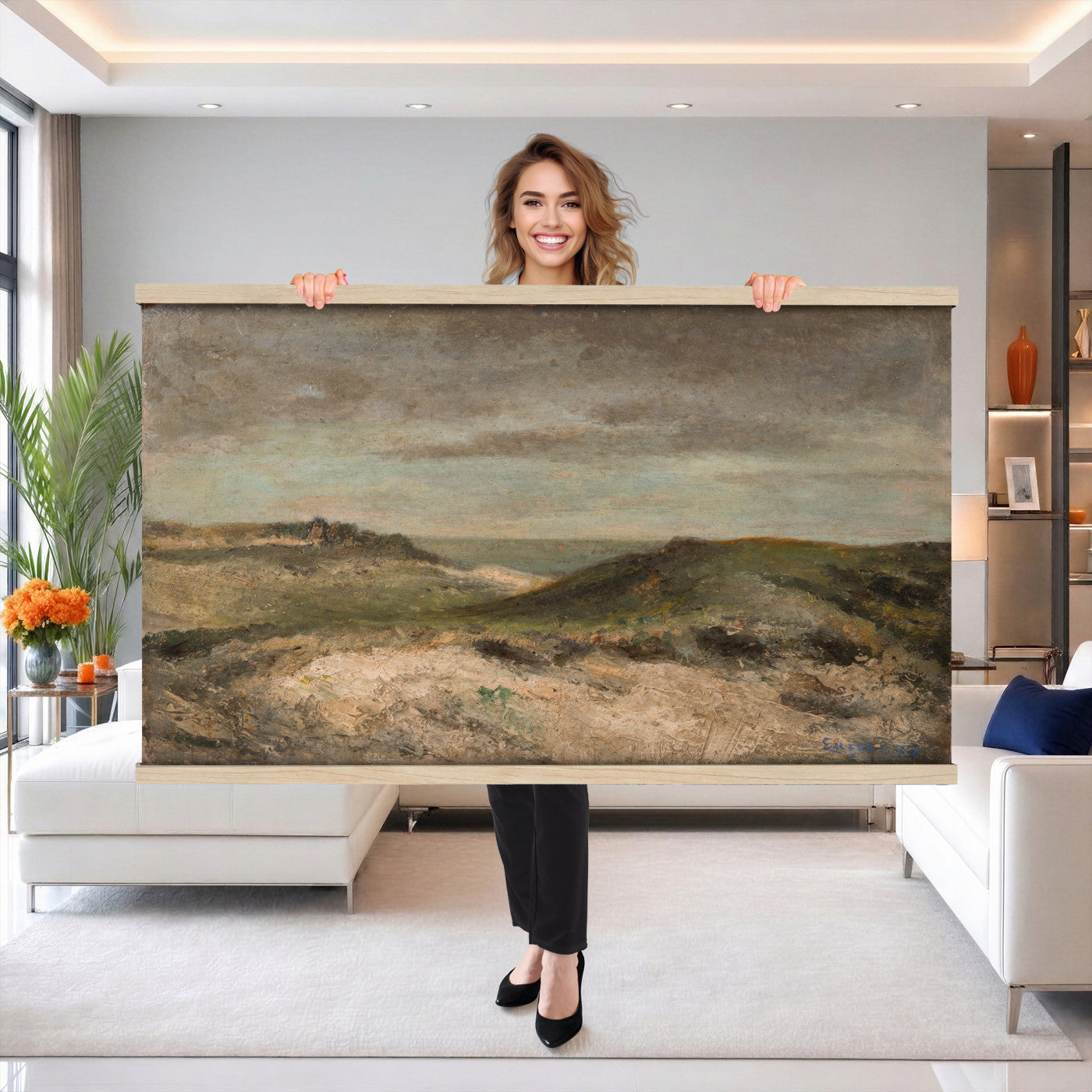 68383237-MGV-TP-30X20 - Expressionism oil painting tapestry wall hanging of "Dunes" by James Ensor, showing a steep dune ridge cutting across the canvas, with wind-bent grasses and a heavy sky pressing down behind it in muted sand and olive dune tones under a dark weighted sky. Extra large wall art, made in the USA.