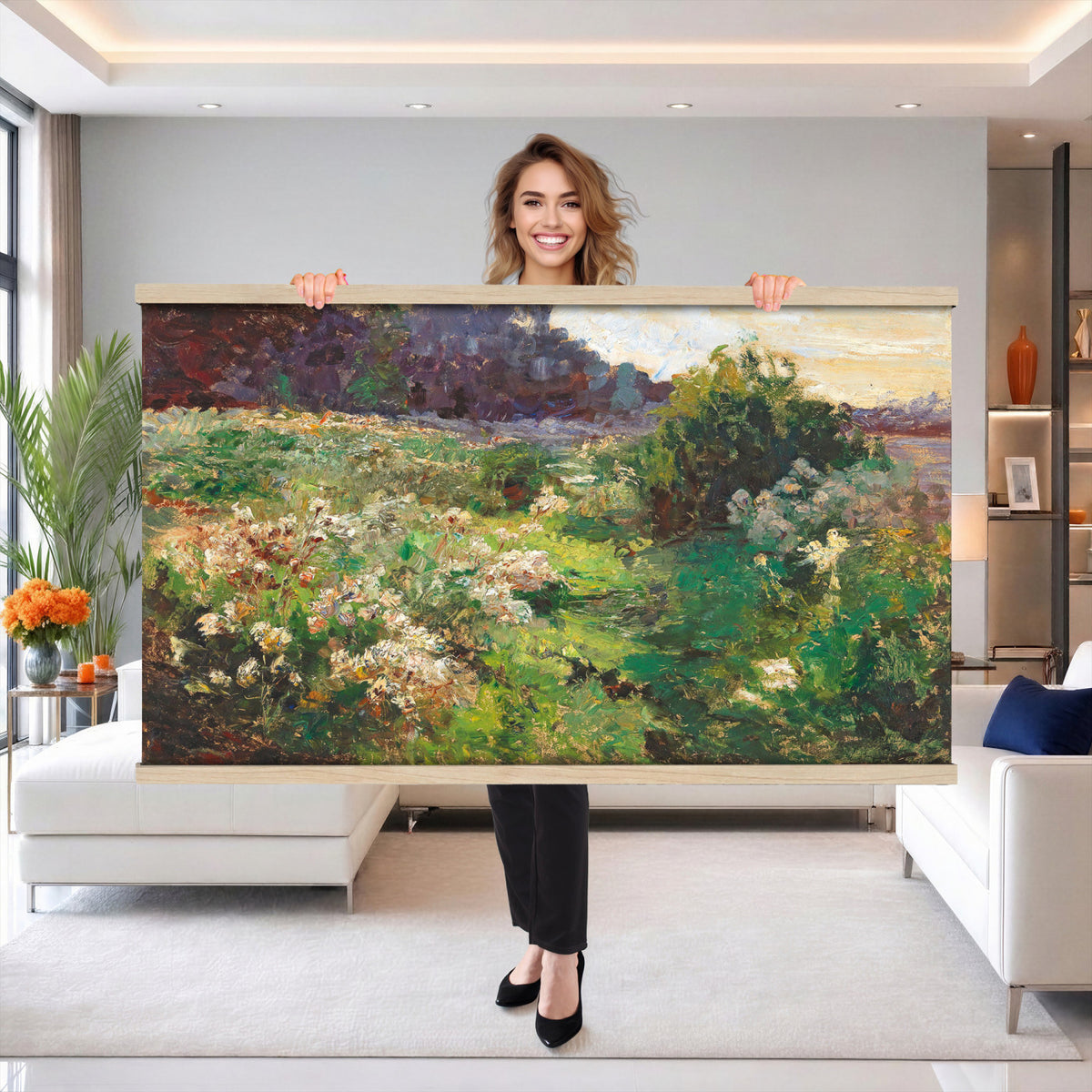 44961601-MGV-TP-30X20 - Impressionism oil painting tapestry wall hanging of "Flowering Meadow" by Olga Wisinger-Florian, showing a bright meadow of white wildflowers and green bushes rising toward a shaded purple hillside in white wildflowers and green bushes under a purple forest hillside. Extra large wall art, made in the USA.