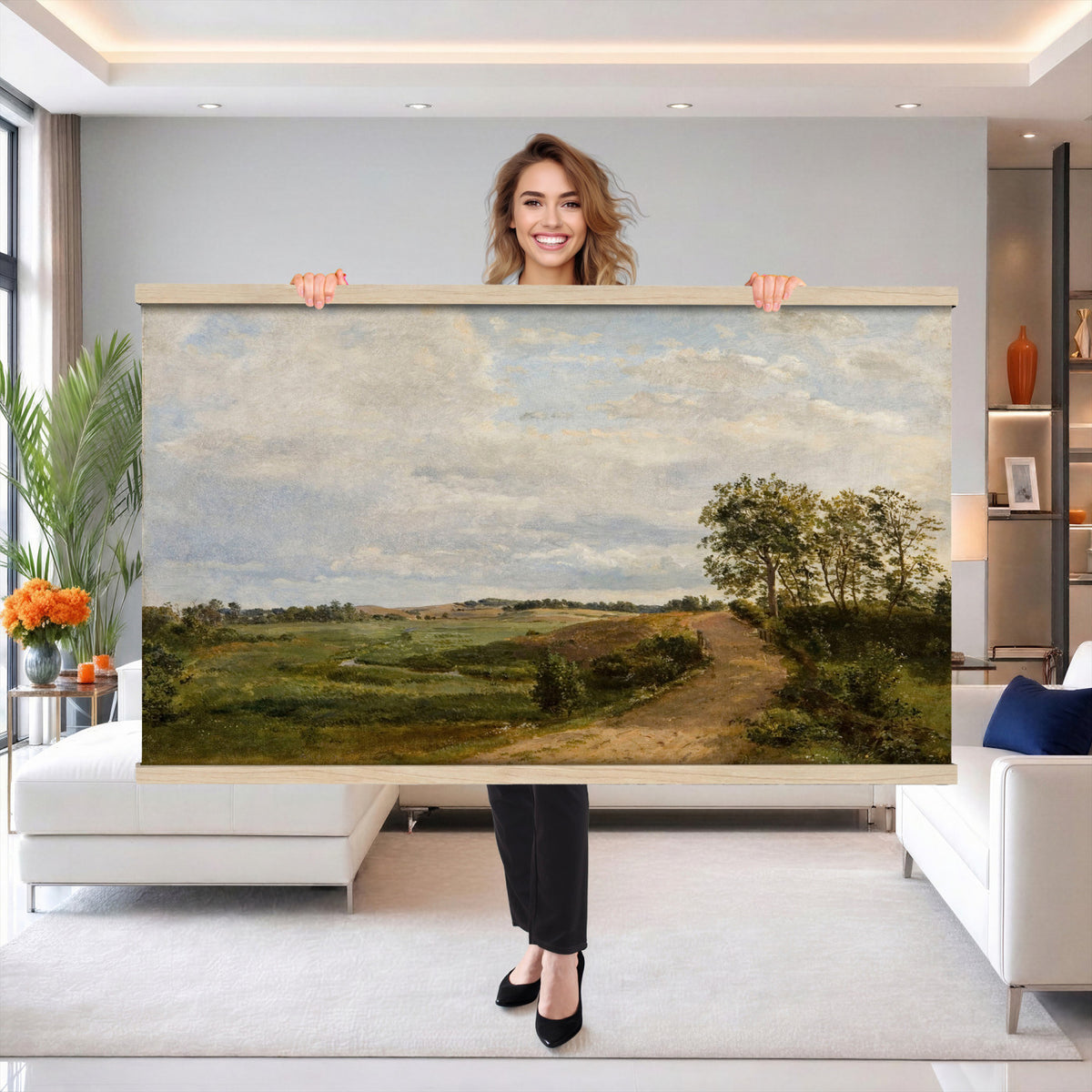 53363268-MGV-TP-30X20 - Realism oil study tapestry wall hanging of "Road across the Hills, Study" by Dankvart Dreyer, showing a bare country road climbing across open hills, with low scrub, worn ruts, and a wide Danish sky above in warm sandy road tones and dry hill greens under a pale wide sky. Extra large wall art, made in the USA.