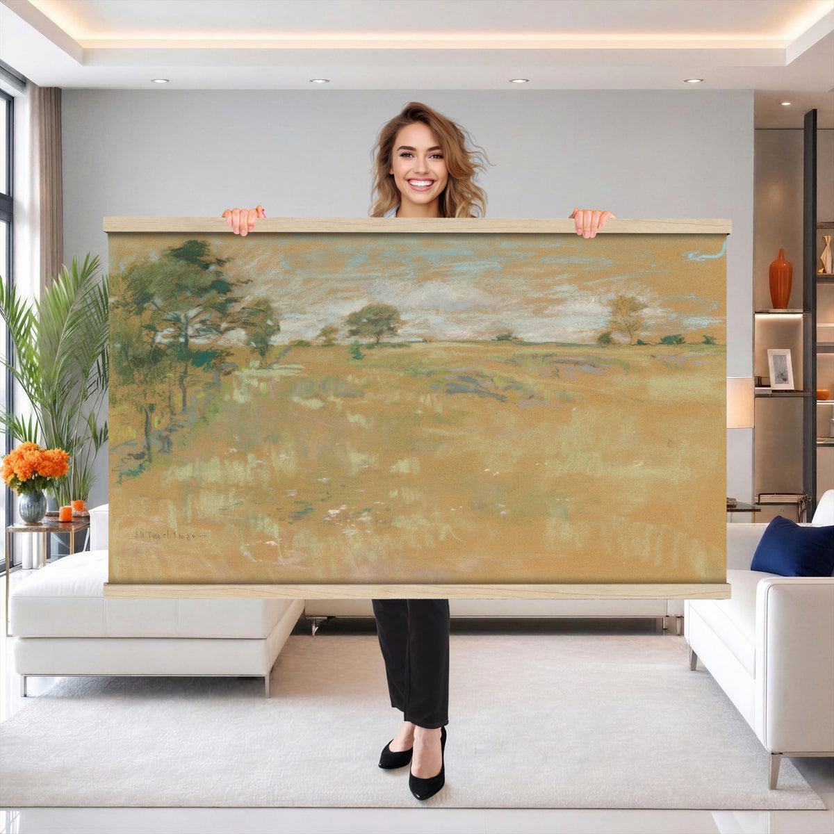 94164892-MGV-TP-30X20 - Impressionism oil painting tapestry wall hanging of "Pasture Land" by John Henry Twachtman, showing an open pasture in soft pastel light, a lone slender tree, and gently rolling ground fading into a pale horizon in pale golden field tones with soft dusty green and a hazy cream sky. Extra large wall art, made in the USA.