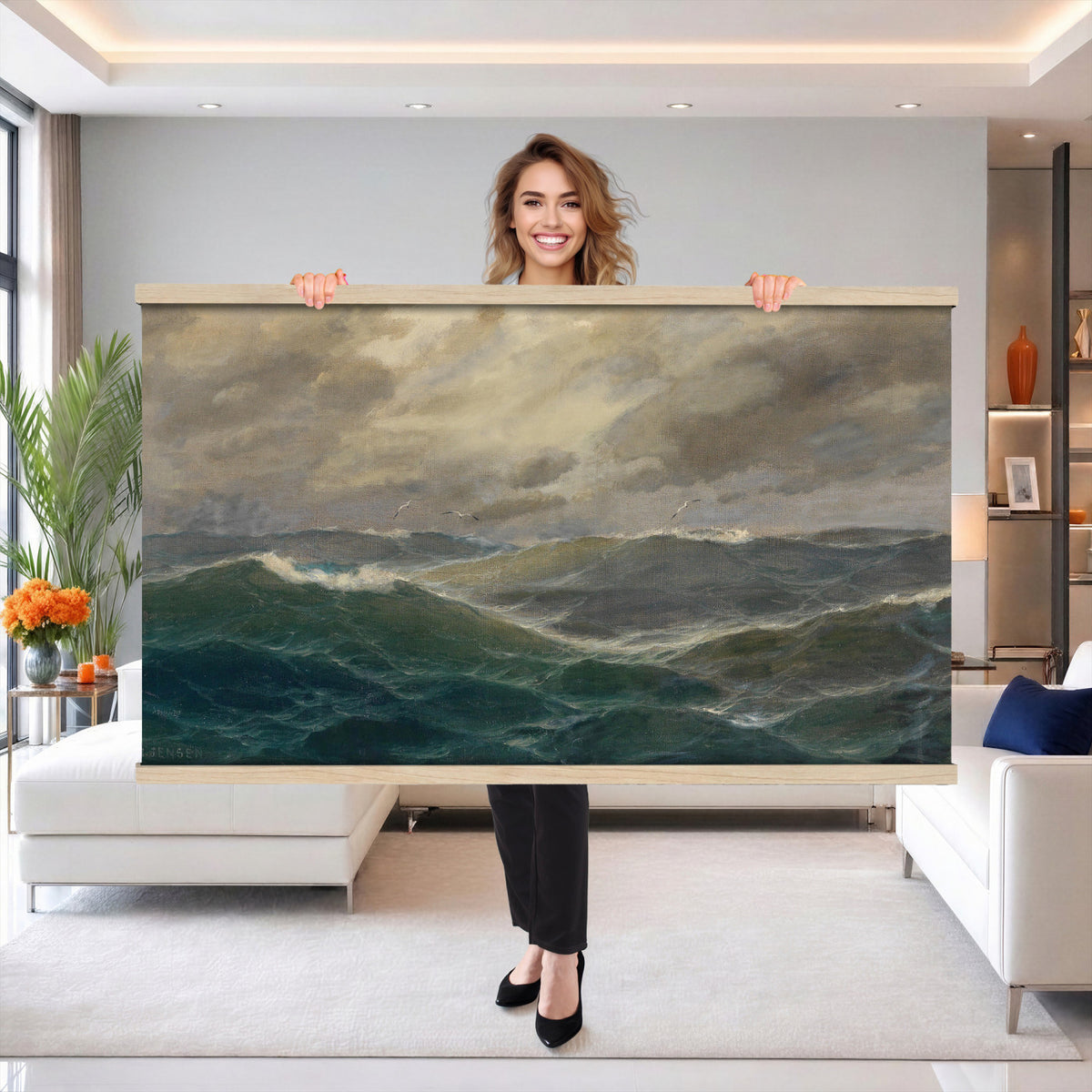 93539190-MGV-TP-30X20 - Realism oil painting tapestry wall hanging of "Stormy Sea" by Alfred Jensen, showing heavy breaking waves rolling under a dark storm sky, with white foam catching the last light on the water in deep grey-green waves with white foam under a heavy storm sky. Extra large wall art, made in the USA.