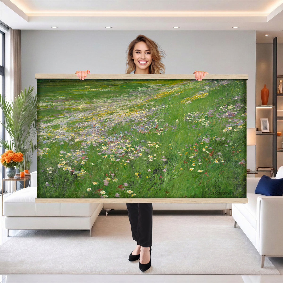 63535040-MGV-TP-30X20 - Impressionism oil painting tapestry wall hanging of "Wildflower Meadow", showing a wide meadow of daisies and summer wildflowers, painted in quick color strokes under warm open light in white daisies and yellow blooms across fresh green grass. Extra large wall art, made in the USA.