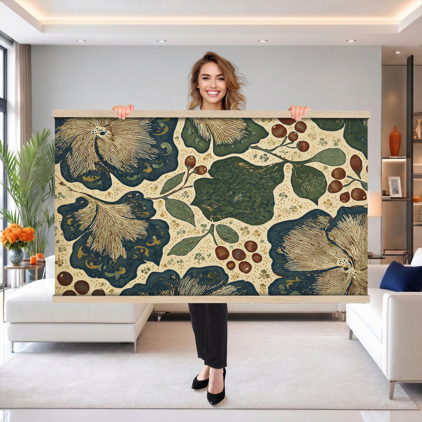 92325062-MGV-TP-30X20 - Art Nouveau pattern design tapestry wall hanging of "Sage Botanical Pattern" by William Morris, showing sage green stems, open flowers and layered foliage repeating in a balanced botanical weave in sage and olive green with soft cream botanical linework. Extra large wall art, made in the USA.
