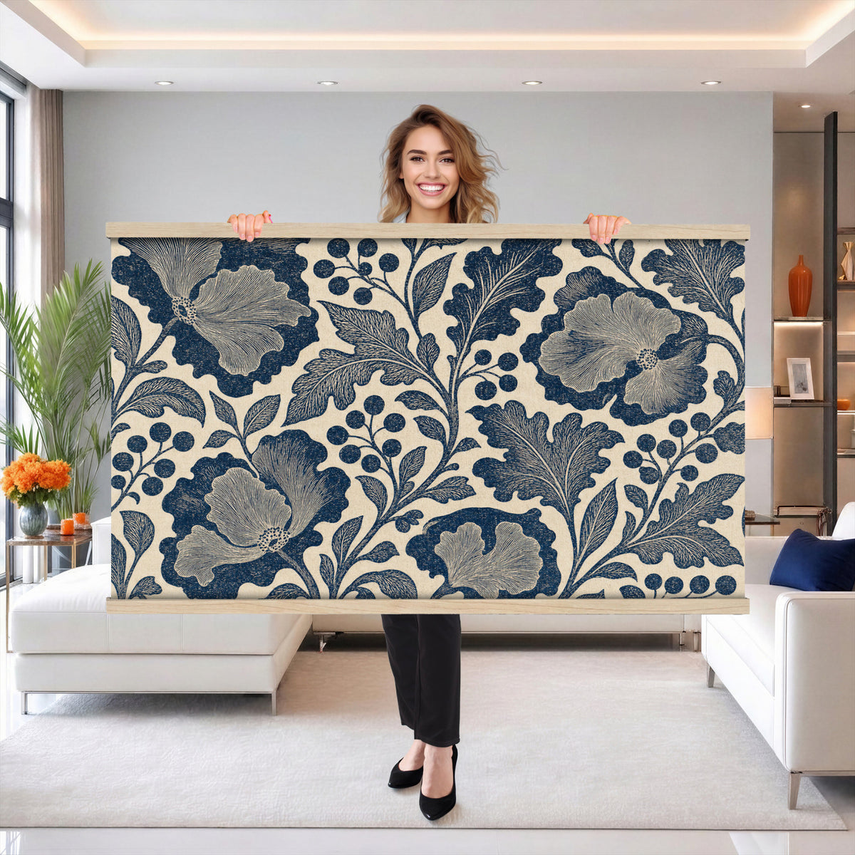 97130377-MGV-TP-30X20 - Art Nouveau pattern design tapestry wall hanging of "Indigo Botanical Pattern" by William Morris, showing trailing indigo stems, open blossoms and curling leaves repeating across the full width in deep indigo and cobalt blue with soft cream linework. Extra large wall art, made in the USA.