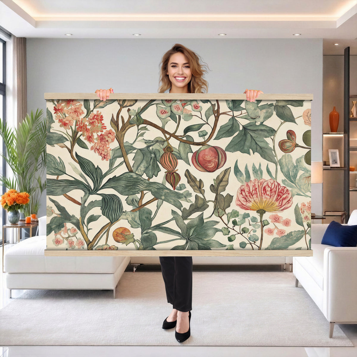 67322868-MGV-TP-30X20 - Art Nouveau pattern design tapestry wall hanging of "Pomegranate Botanical Pattern" by William Morris, showing a repeating weave of pomegranates, open blossoms and curling acanthus leaves in perfect balance in warm ruby fruit and deep green foliage on a cream ground. Extra large wall art, made in the USA.