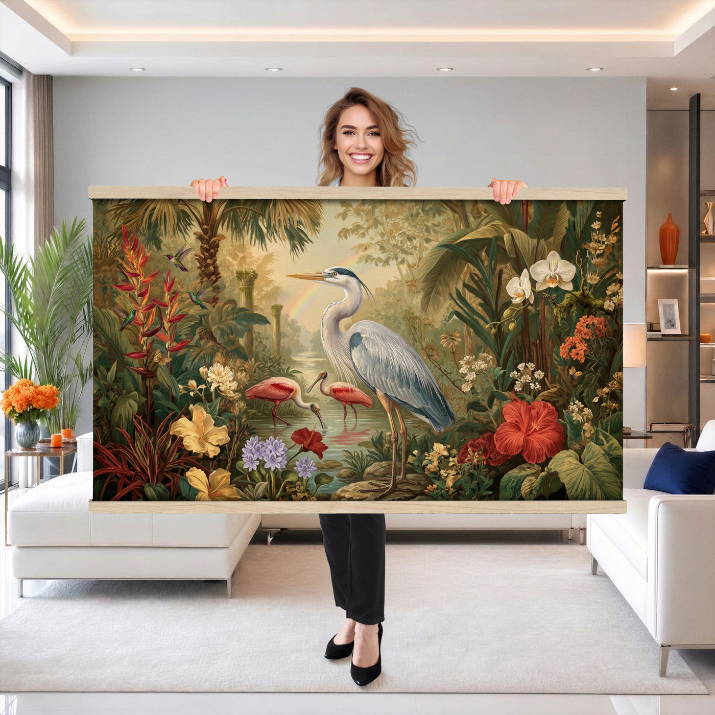 20081183-MGV-TP-30X20 - Botanical botanical illustration tapestry wall hanging of "Great Blue Heron in the Jungle", showing a great blue heron standing among hibiscus blooms, palm fronds and dense tropical foliage in deep jungle greens with red hibiscus and soft blue heron plumage. Extra large wall art, made in the USA.