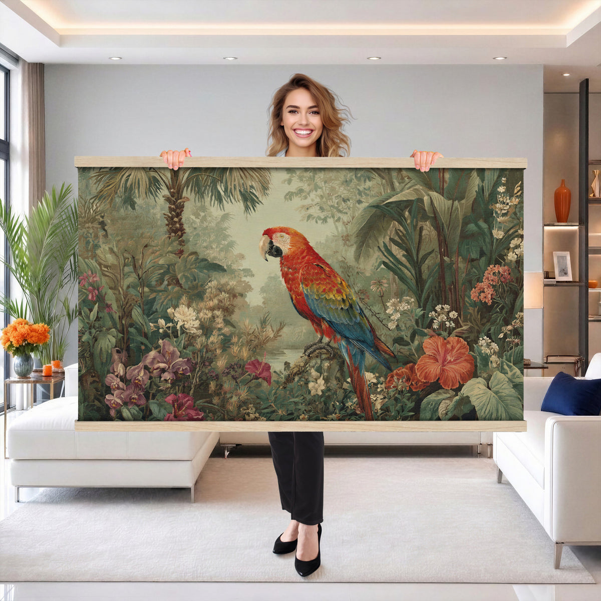75232040-MGV-TP-30X20 - Botanical botanical illustration tapestry wall hanging of "Scarlet Macaw in the Jungle", showing a scarlet macaw perched among hibiscus flowers, palm leaves and thick rainforest growth in bright scarlet and gold plumage against deep jungle green. Extra large wall art, made in the USA.
