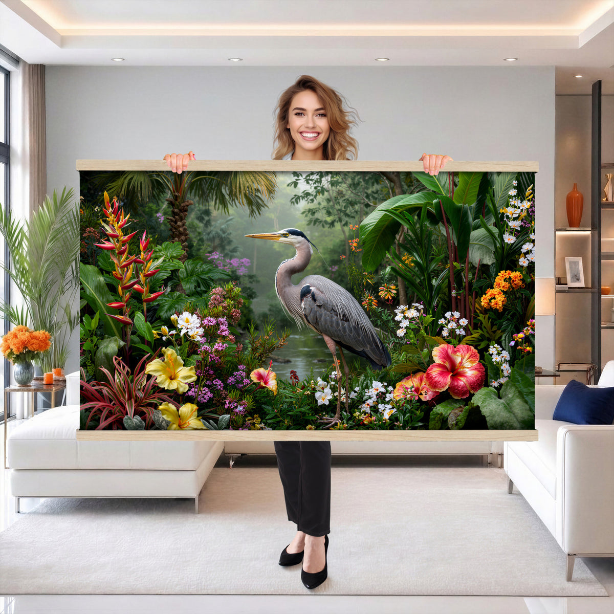 82504330-MGV-TP-30X20 - Botanical botanical illustration tapestry wall hanging of "Great Blue Heron in the Jungle", showing a great blue heron standing among hibiscus blooms, palm fronds and dense tropical foliage in deep jungle greens with red hibiscus and soft blue heron plumage. Extra large wall art, made in the USA.