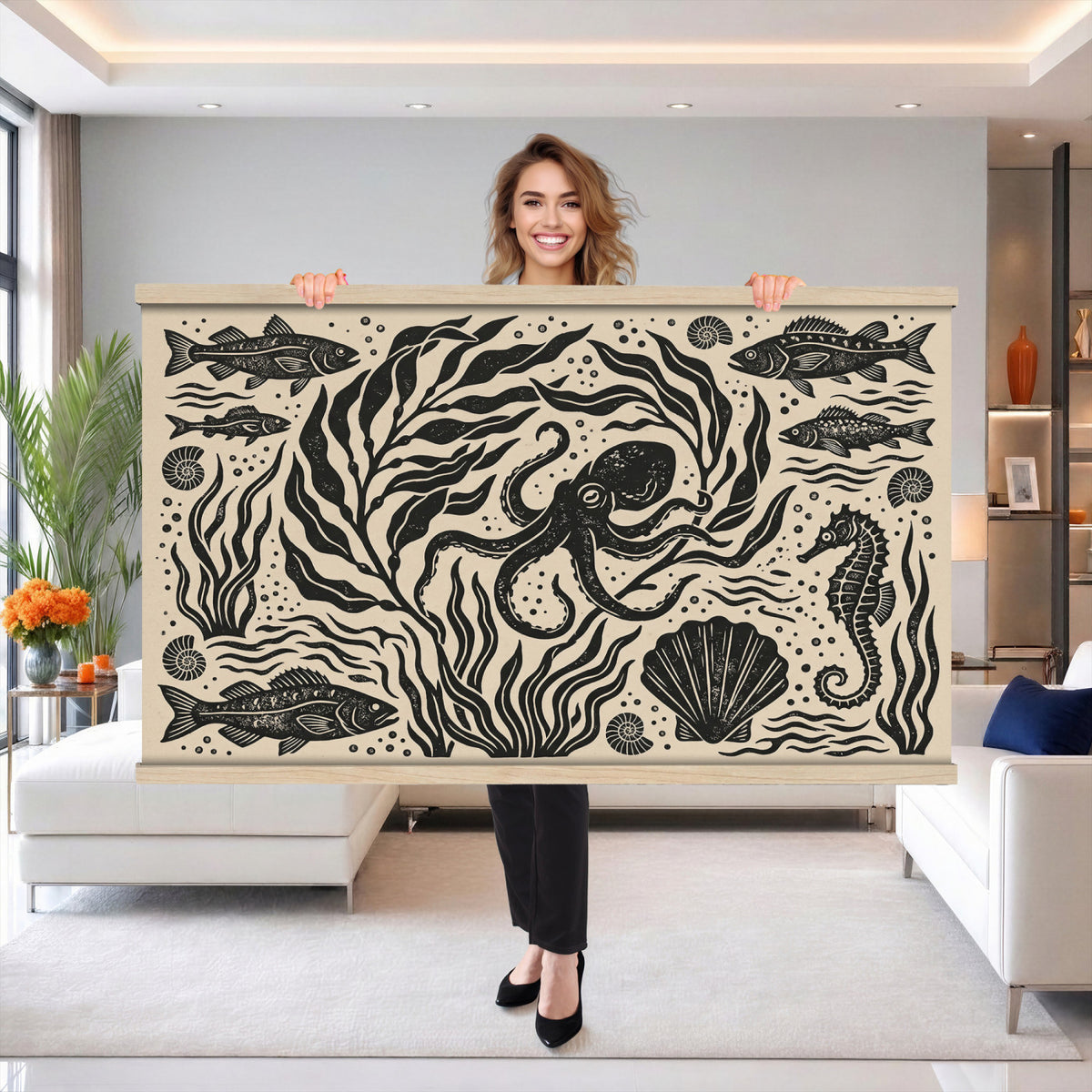 75988079-MGV-TP-30X20 - Folk Art linocut print tapestry wall hanging of "Ocean Life Panel", showing an octopus, seahorses, shells and curling waves cut into bold black and white folk art shapes in bold black linocut shapes on a cream ground. Extra large wall art, made in the USA.