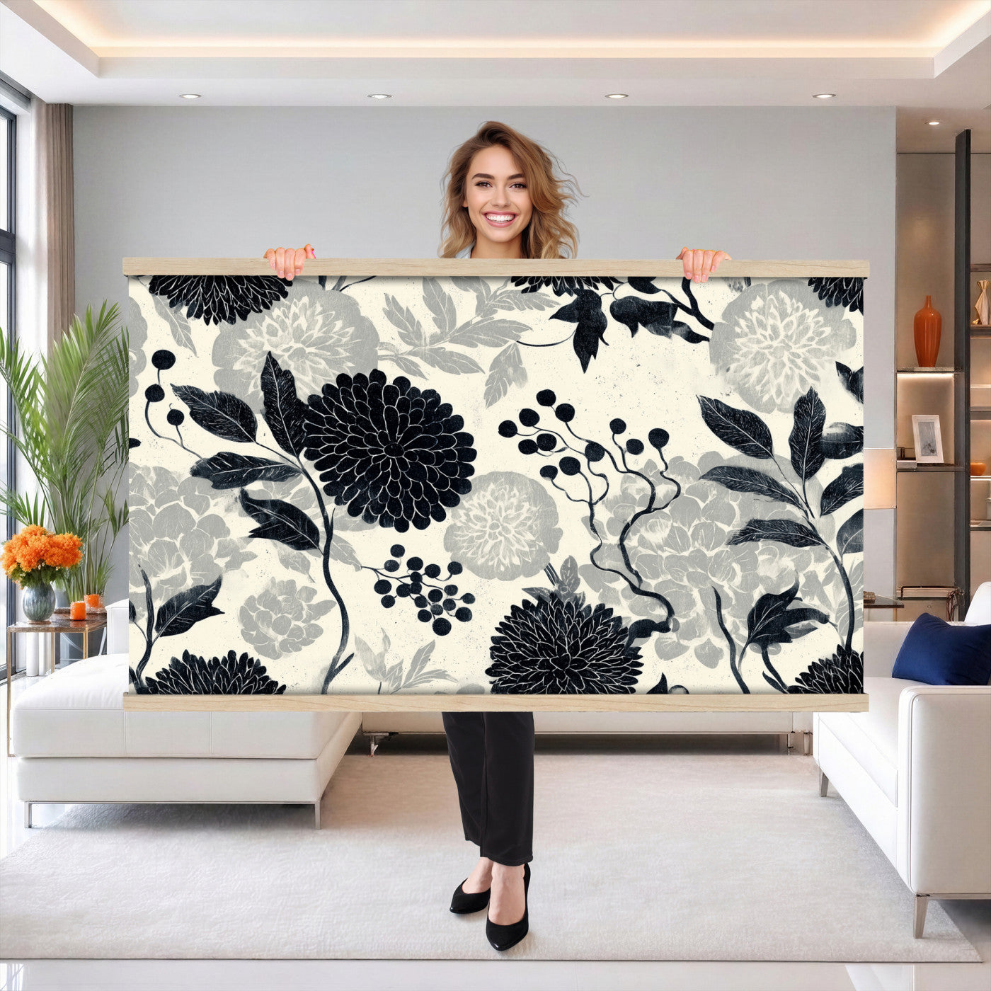 27269625-MGV-TP-30X20 - Chinoiserie ink block print tapestry wall hanging of "Chinoiserie Peony and Chrysanthemum Panel", showing peonies and chrysanthemums layered across a soft grey field, drawn in muted black line in black and soft grey linework on a warm neutral ground. Extra large wall art, made in the USA.