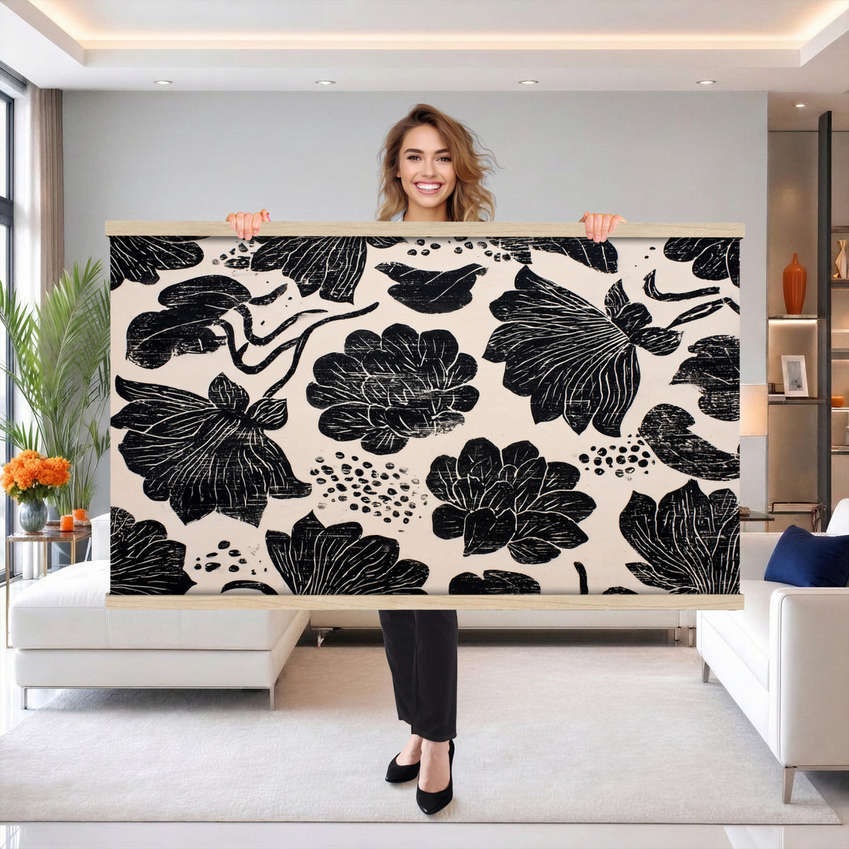 91793867-MGV-TP-30X20 - Chinoiserie ink block print tapestry wall hanging of "Chinoiserie Lotus Panel", showing open lotus flowers and broad water lily pads rising on tall stems, cut in bold black and white in deep black lotus linework on a soft white ground. Extra large wall art, made in the USA.