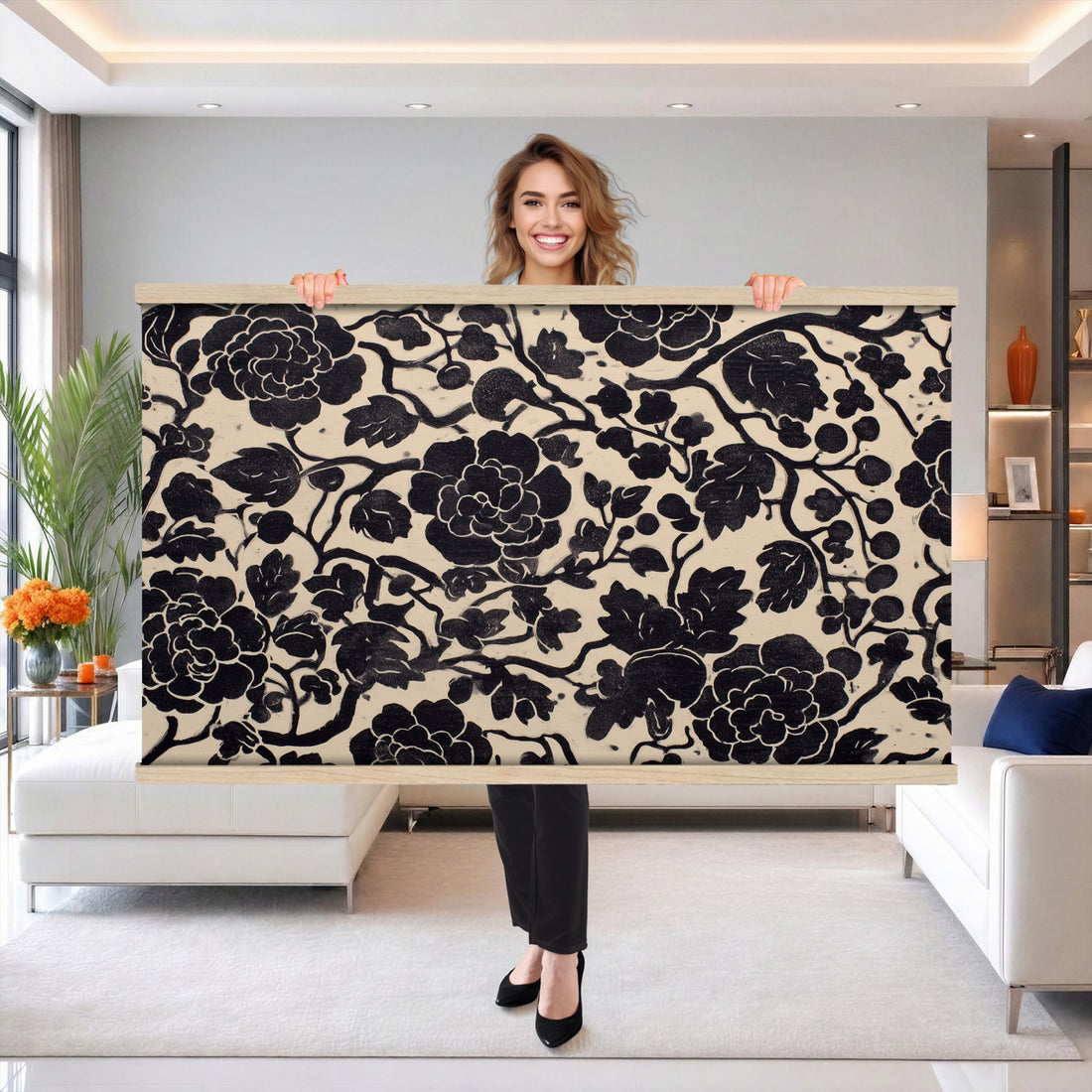 Chinoiserie Peony Panel Tapestry Wall Art, Vintage Black White Chinese Art Blanket, Extra Large Bedroom Decor